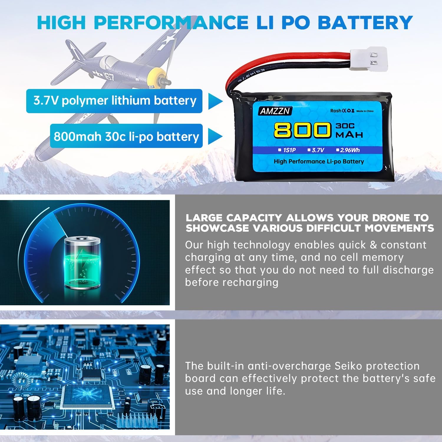 2 baterías Lipo de 3.7 V 800 mAh 30C con cable de carga USB, enchufe Molex para SYMA X5C X5SW H5C V931 U45W SS40 RC Drone compatible con la mayoría