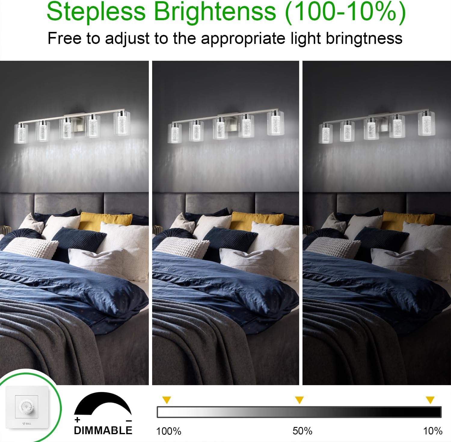 Lámpara de tocador de 5 luces de níquel cepillado con 3 modos de color (3000 K4000 K6500 K), lámpara LED de baño con protección ocular, luz de pared