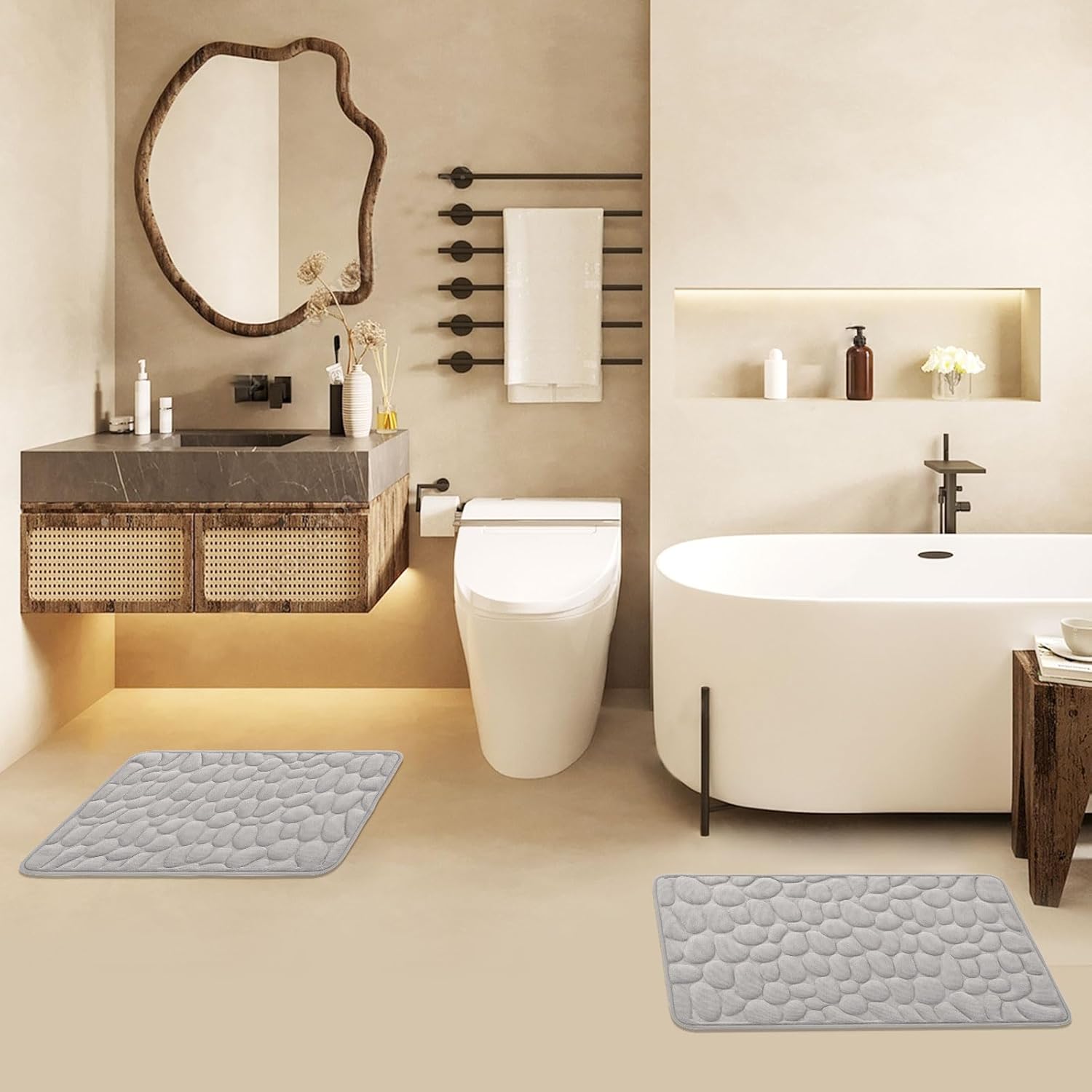 Juego de 2 tapetes de baño de espuma viscoelástica de adoquines suaves y absorbentes, tapetes rectangulares para el inodoro y la ducha (gris claro)