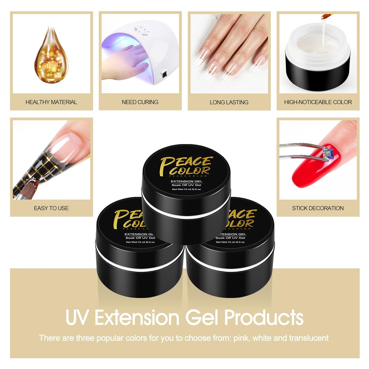 Peacecolor – Juego de 3 esmaltes de uñas de gel duro para crear uñas de gel para todas las estaciones y vacaciones, para mujeres y niñas