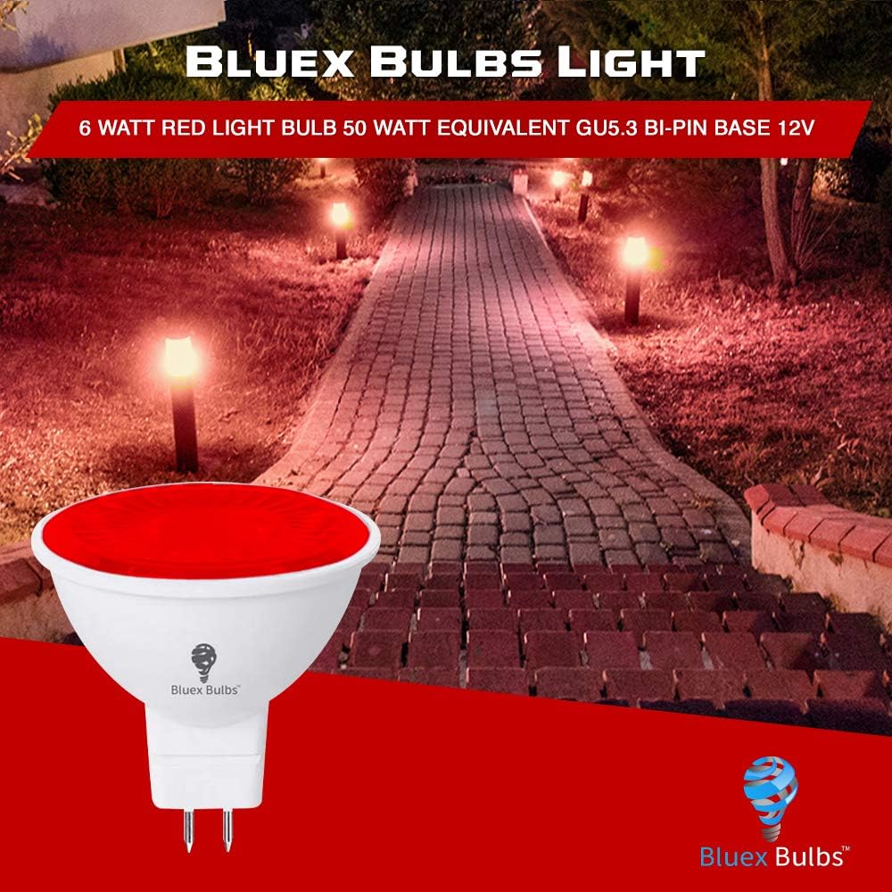 BlueX – Paquete de 6 bombillas LED MR16 rojas  6 W (equivalente a 50 vatios)  Base de dos pines GU5.3 de 12 V, bombilla LED roja roja, decoración de