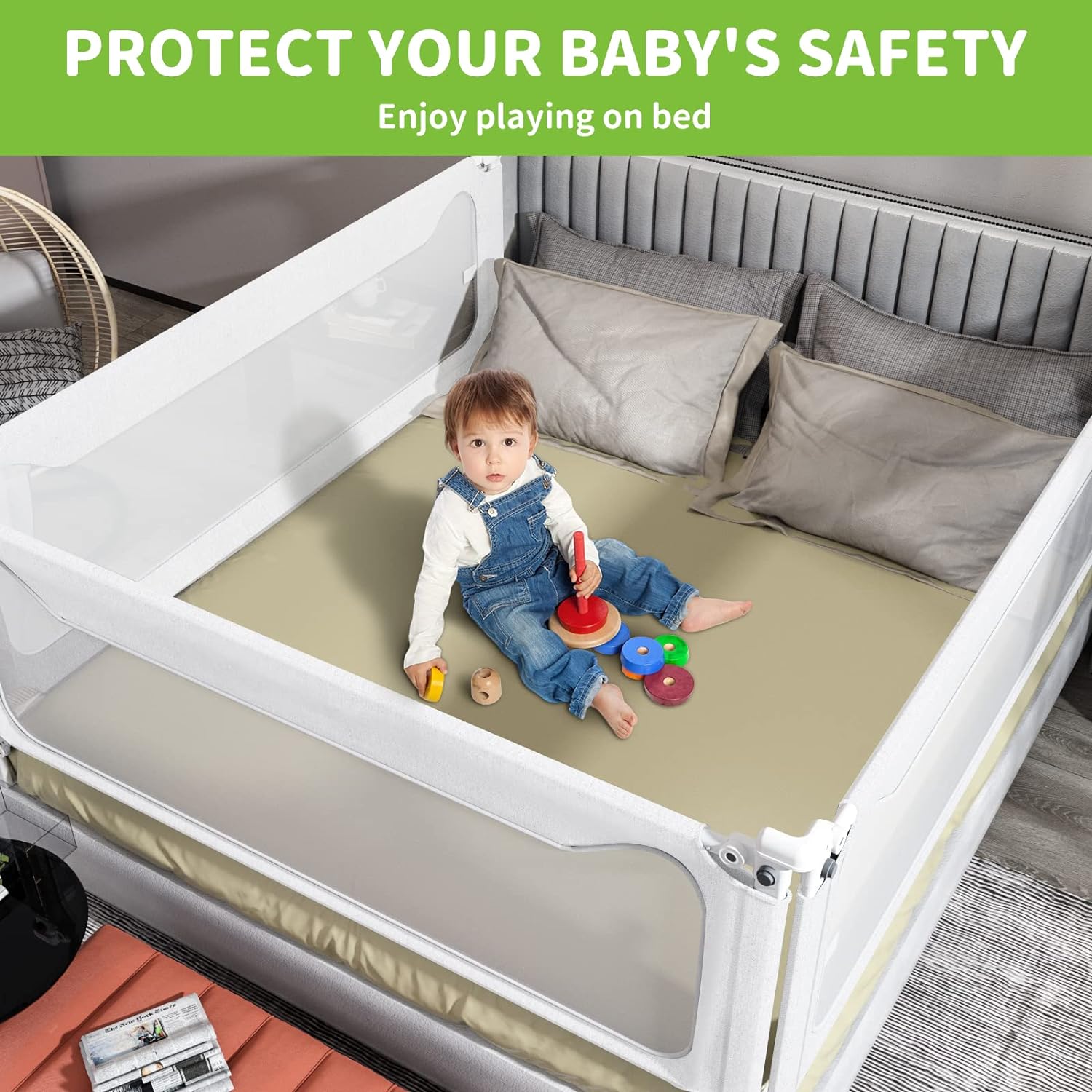Rieles de cama para niños pequeños, protector de barandilla de cama de bebé ajustable de altura mejorada especialmente diseñado para tamaño