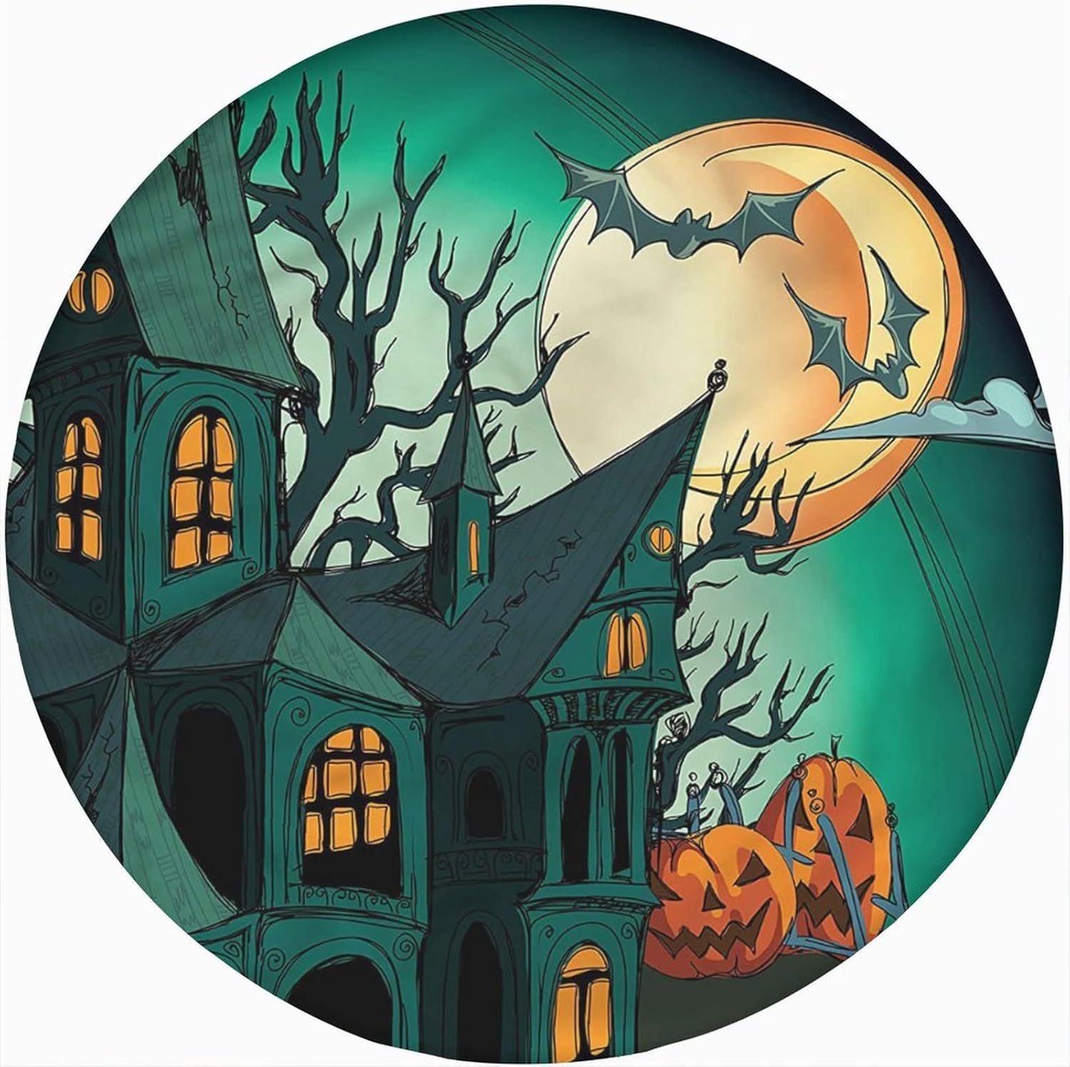 Halloween Elastic Edged Polyester Fitted Table Cover,Halloween Haunted Castle Print Round Fitted Tablecloth, XSmall, Fit Round Tables up 32″-36″