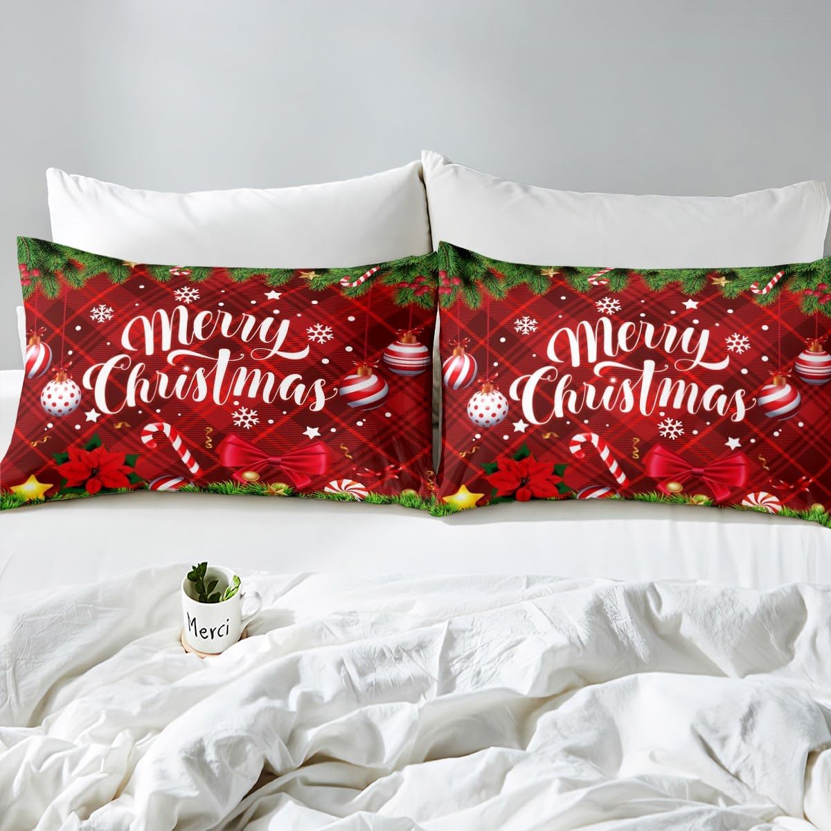Erosebridal Juego de sábanas de 4 piezas con temática navideña de Feliz Navidad, sábana bajera ajustable de Navidad con estampado de rayas