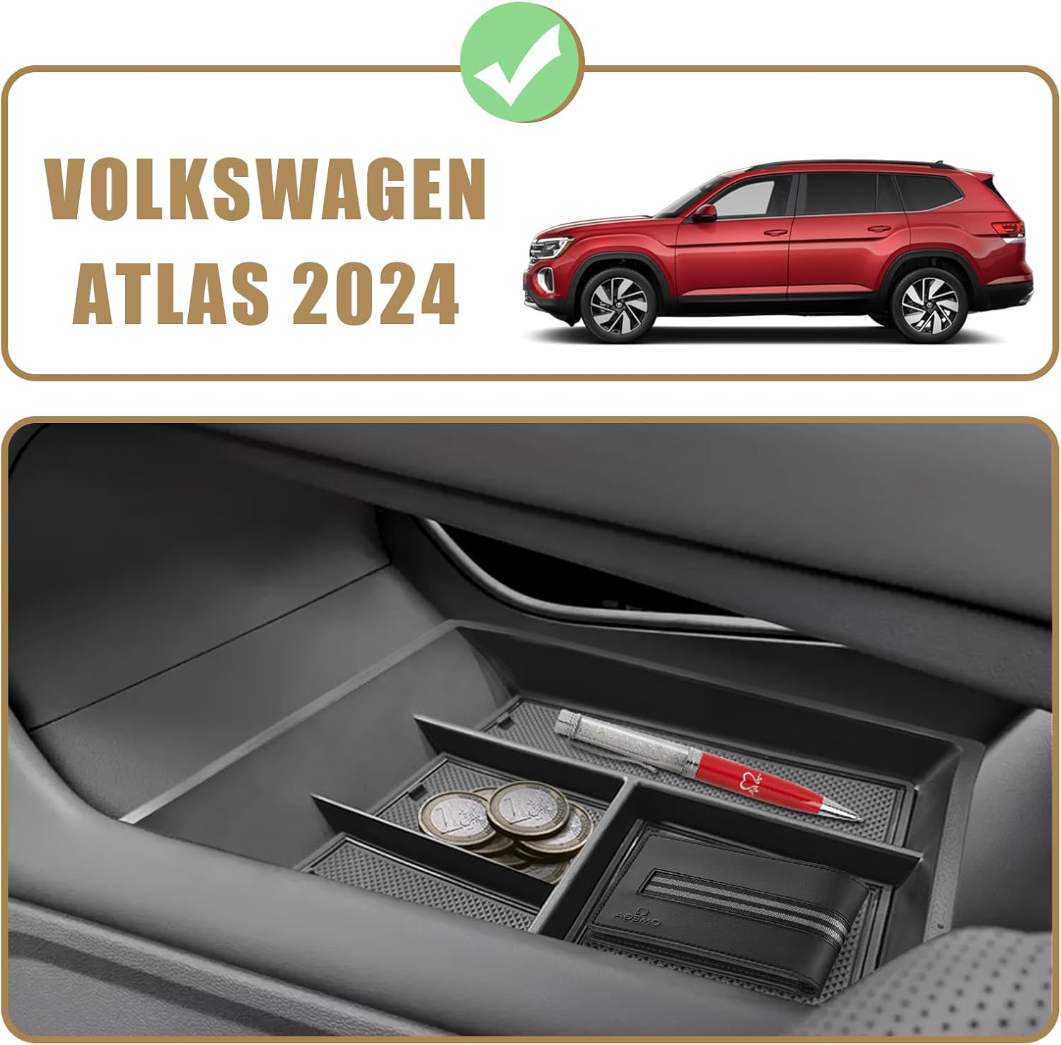 Organizador de consola central inferior compatible con Volkswagen Atlas y Cross Sport 2024, accesorios interiores, bandeja de almacenamiento