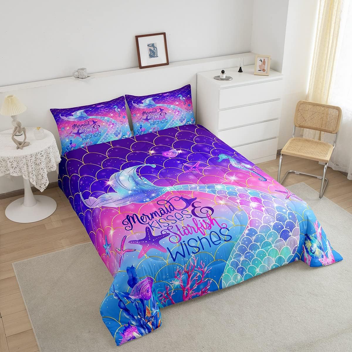 Erosebridal Juego de edredón Queen con escamas de pez, juego de ropa de cama neón con purpurina galaxia pastel para niños y niñas, juego de edredón