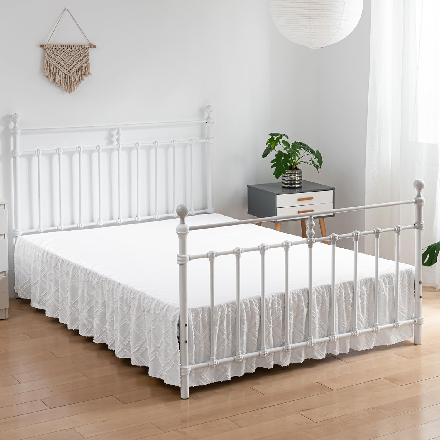 Falda de cama copetuda, falda de cama con volantes con esquinas divididas, falda de cama Queen de 16 pulgadas de caída, falda de cama cuadrada