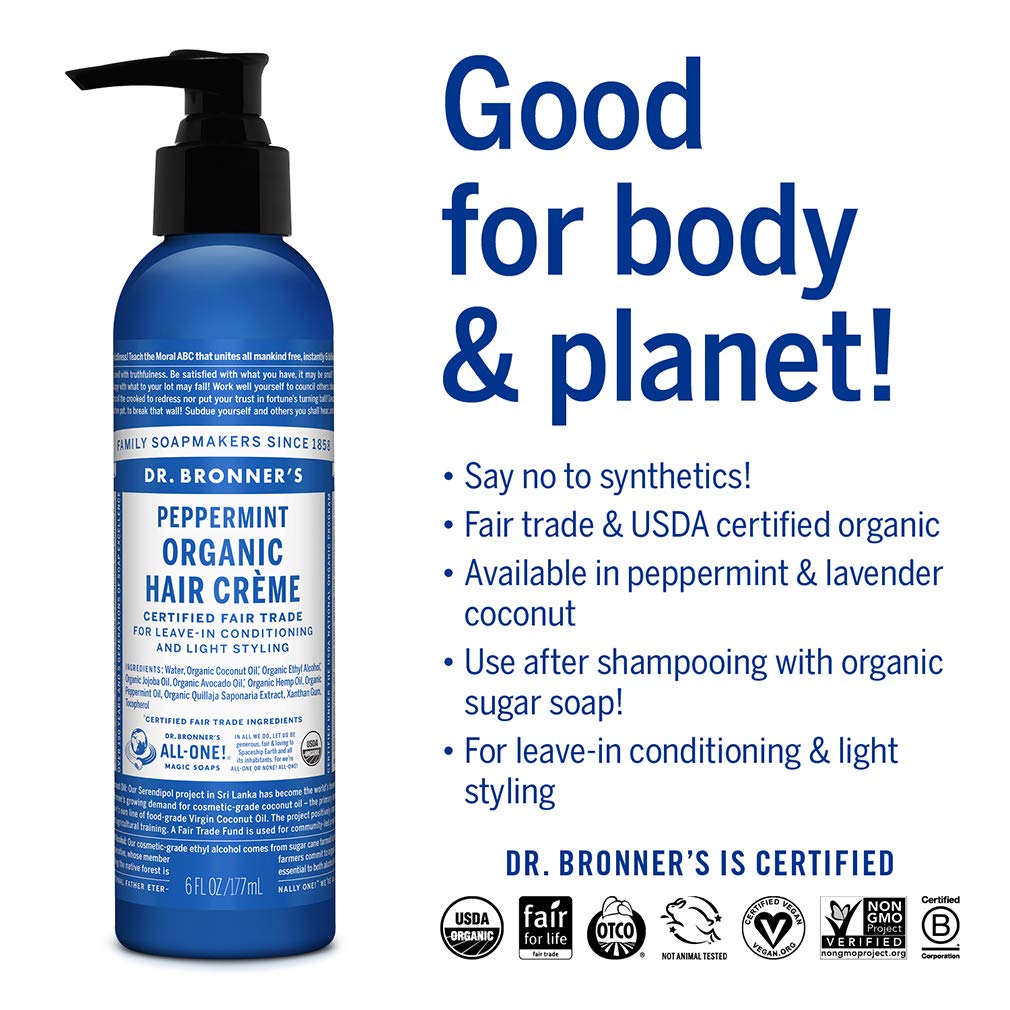Dr. Bronner’s – Crema orgánica para el cabello (menta, 6 onzas, paquete de 2) – Acondicionador sin enjuague y crema de peinado, hecha con aceites