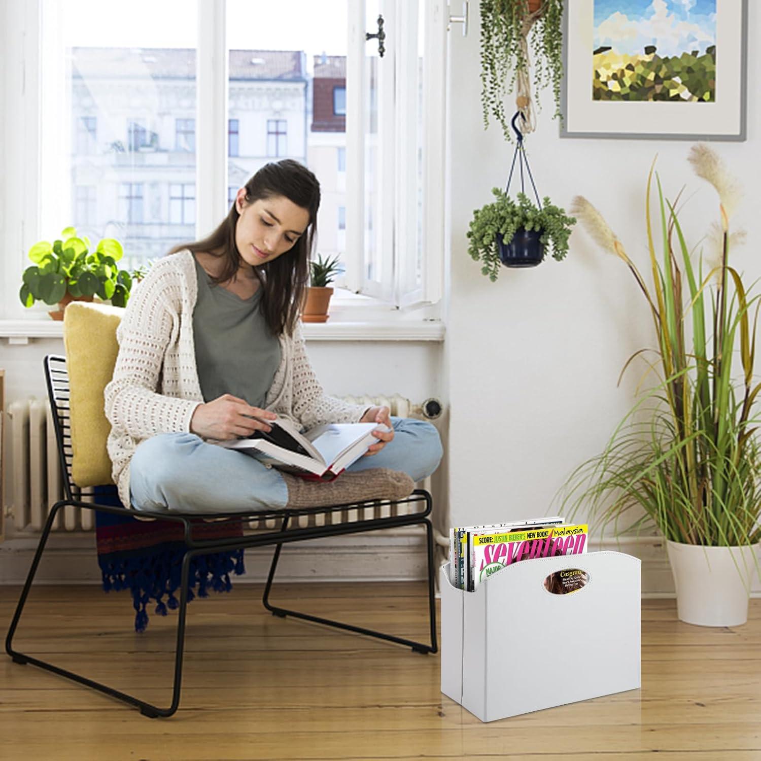 Estante plegable de piel sintética para revistas, con asa, para guardar libros de periódicos, organizador de carpetas de archivos para el hogar u