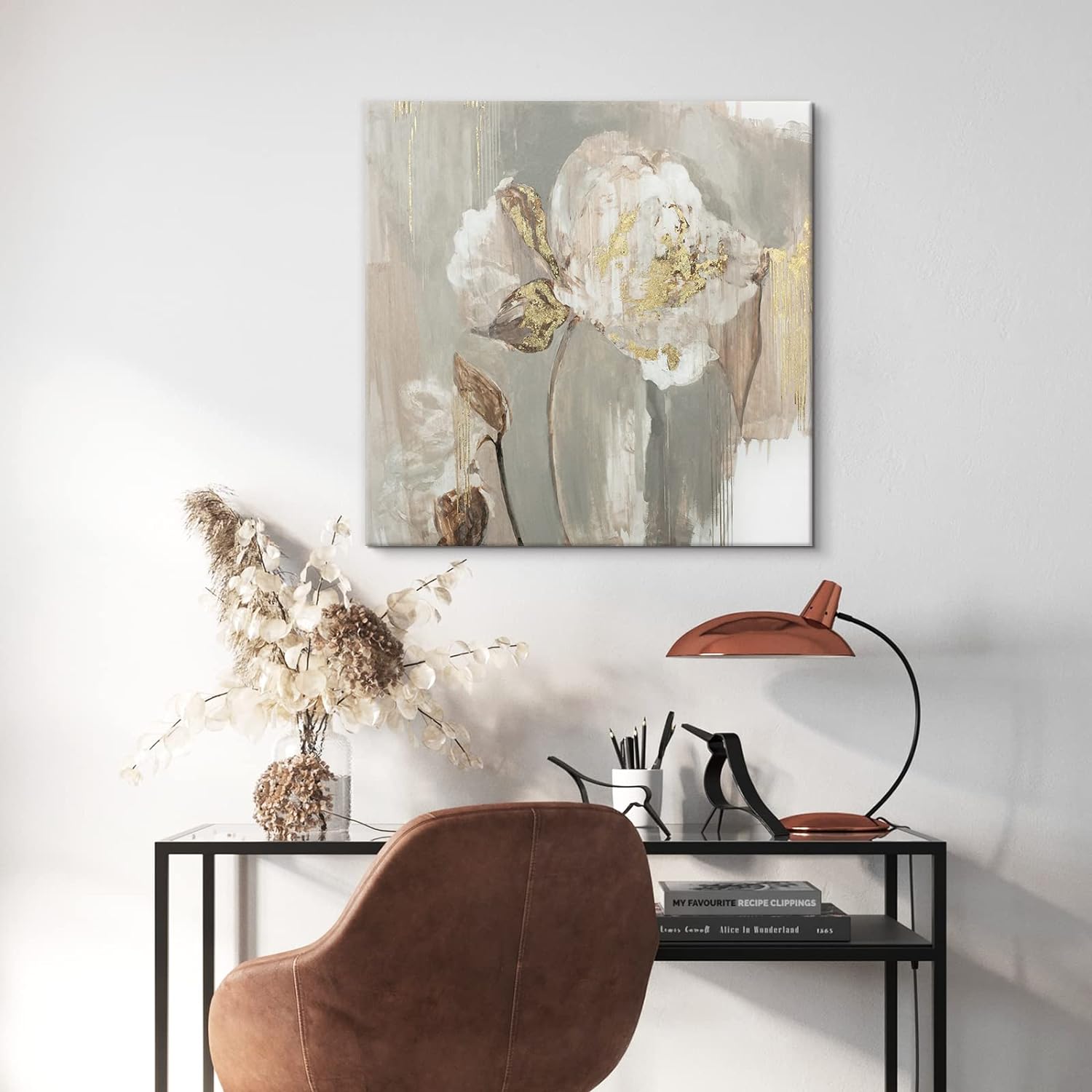 Goldfoilart Arte floral para pared, cuadros dorados de lienzo de flores blancas con adornos de lámina dorada, póster texturizado enmarcado para sala