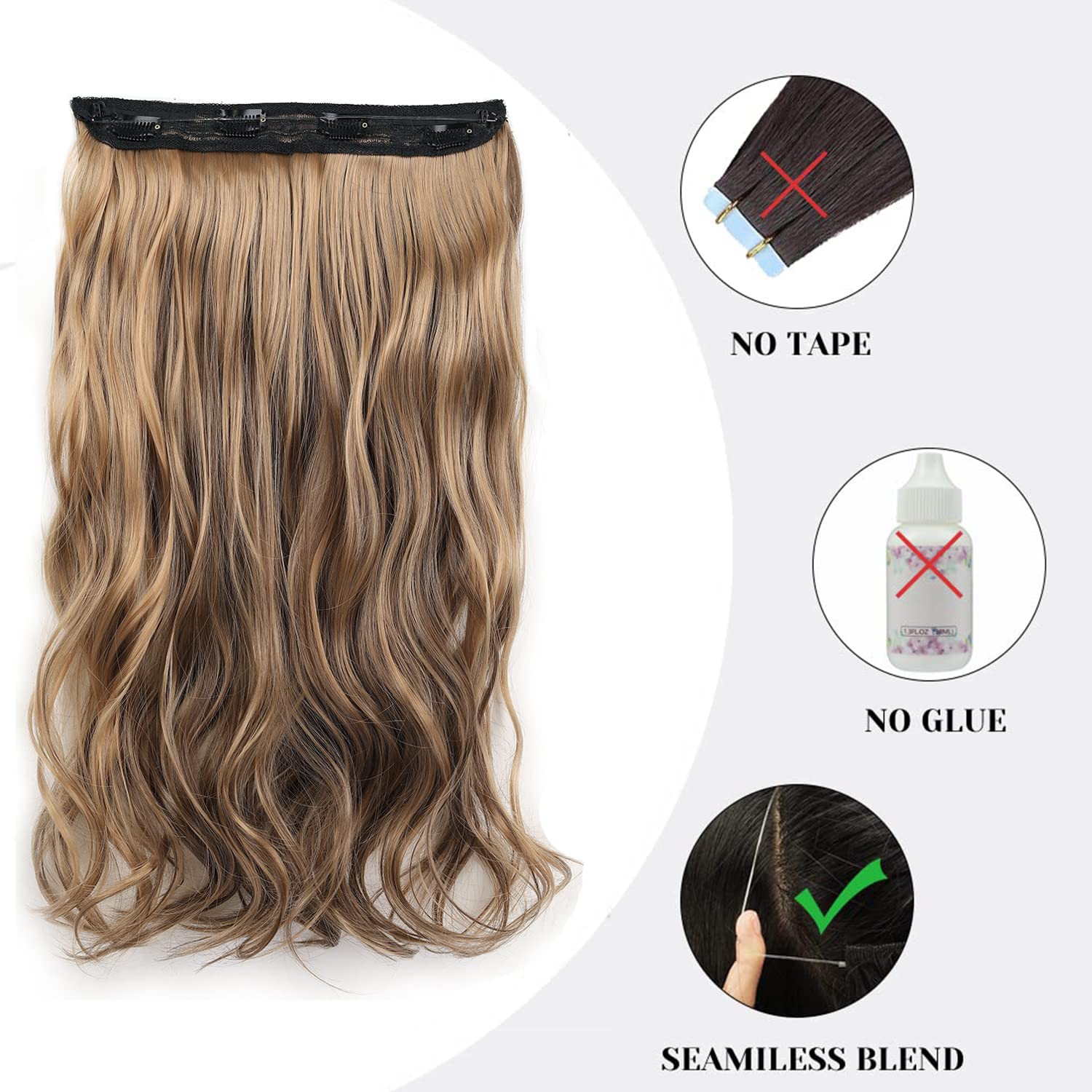 Ubeleco Extensiones de cabello con alambre invisible con alambre transparente, tamaño ajustable, 4 clips seguros, postizo largo sintético rizado de