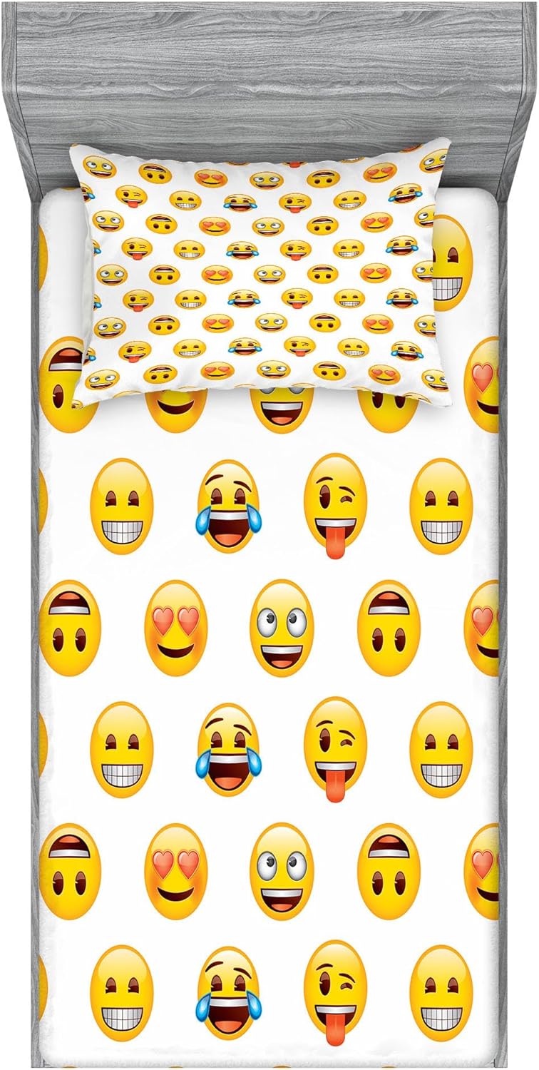 Ambesonne Emoji – Juego de sábanas bajeras y fundas de almohada, caras divertidas simples y modernas con estampado de expresiones de feliz sorpresa