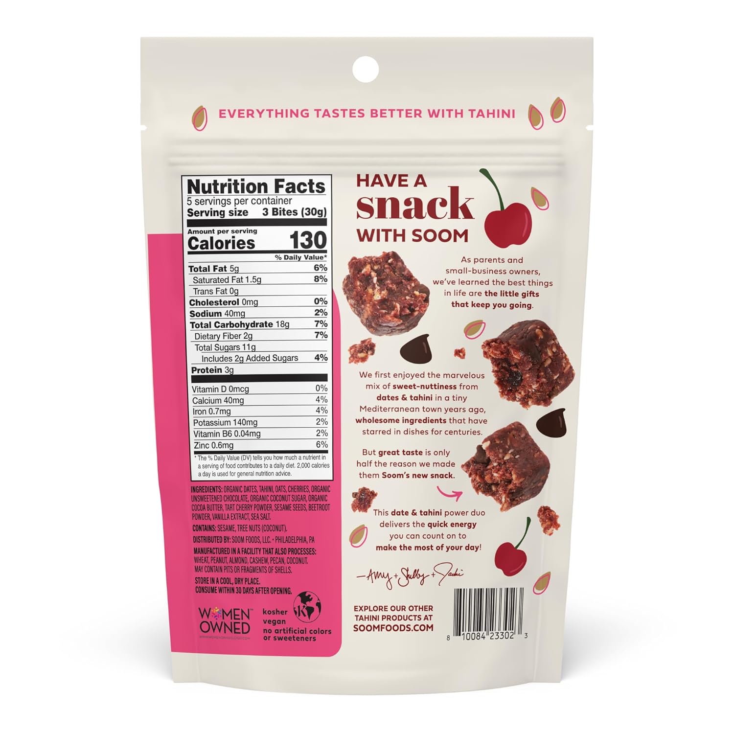 Soom Foods Tahini – Bocadillos de chocolate con cereza y dátiles, paquete de 3 (100% natural  Bocadillo o postre energético saludable  Sin azúcar