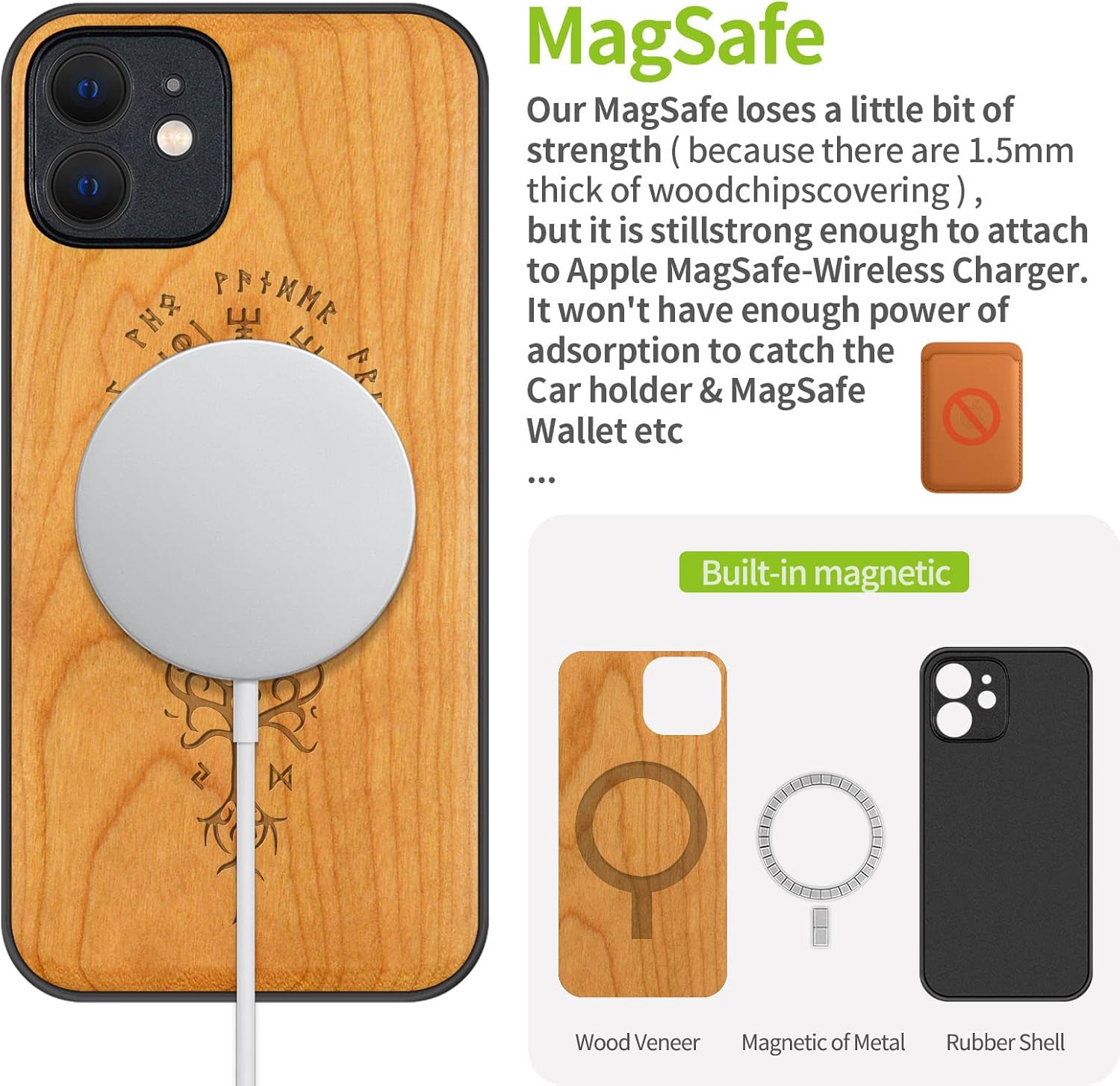 Carveit Funda magnética de madera para iPhone 12 madera real dura y TPU suave a prueba de golpes, funda protectora híbrida única y elegante de