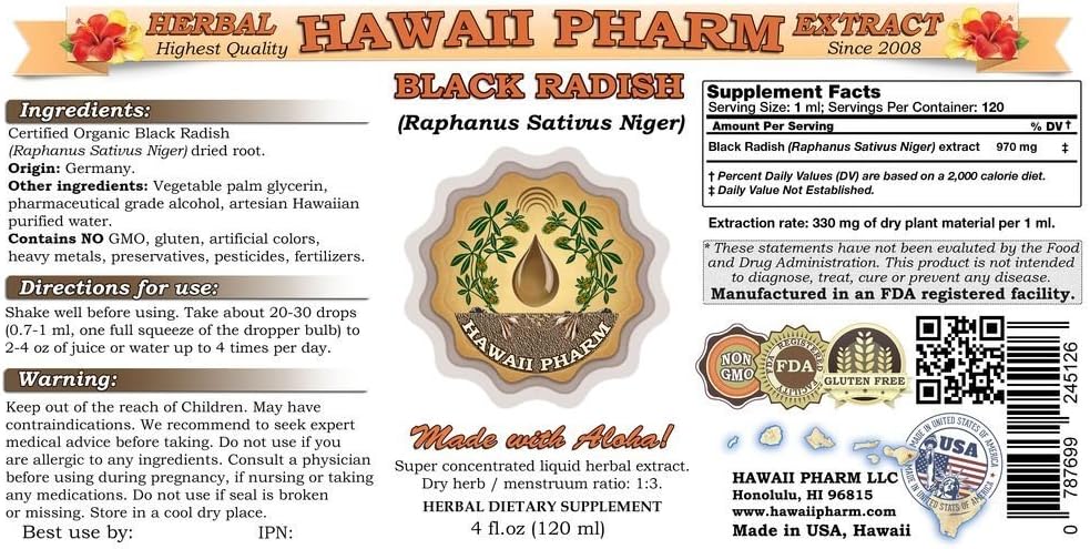 Hawaii Pharm Extracto líquido de rábano negro, rábano negro (Raphanus Sativus Niger) Suplemento de tintura de raíz seca de 4 onzas