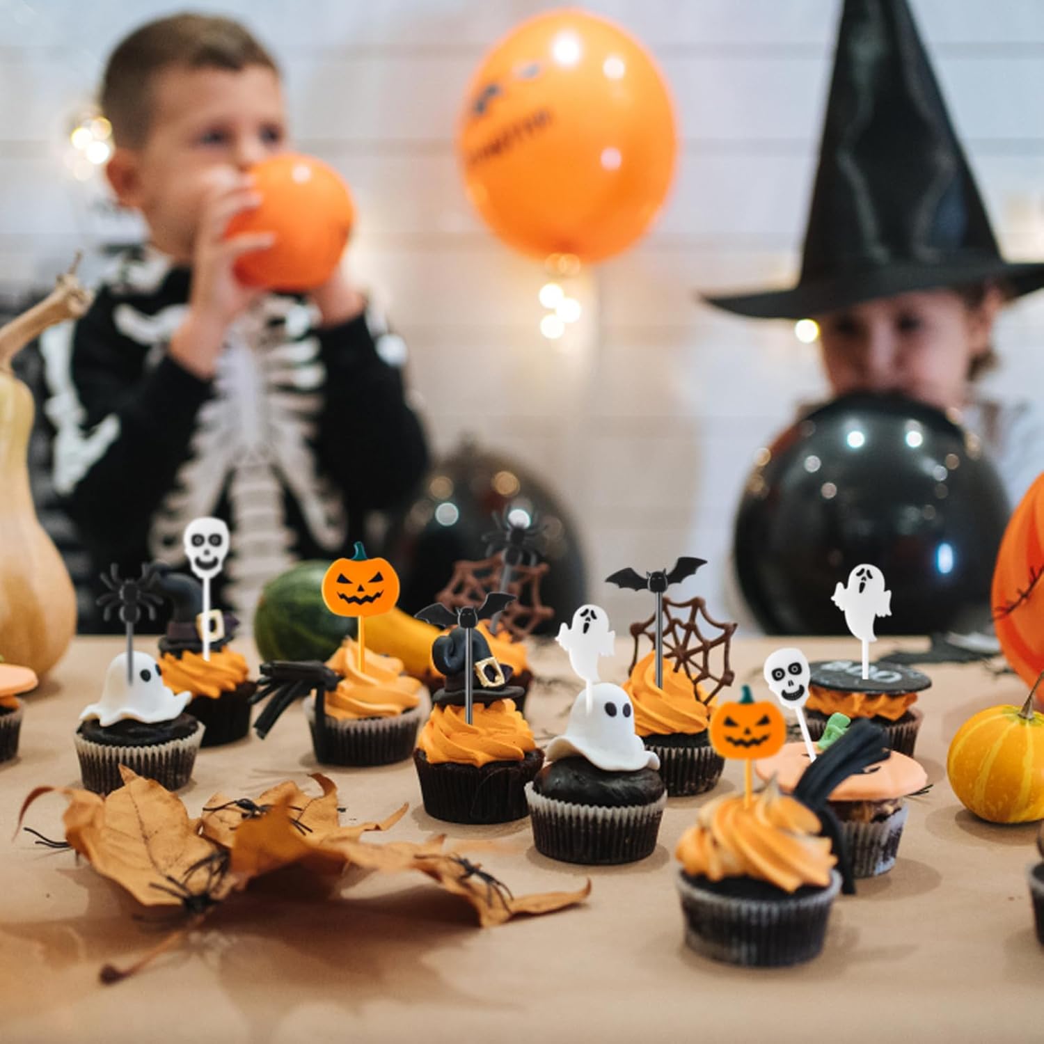 100 palillos de dientes de plástico para Halloween, decoración de cupcakes, decoración de tartas, para aperitivos de frutas, suministros de fiesta