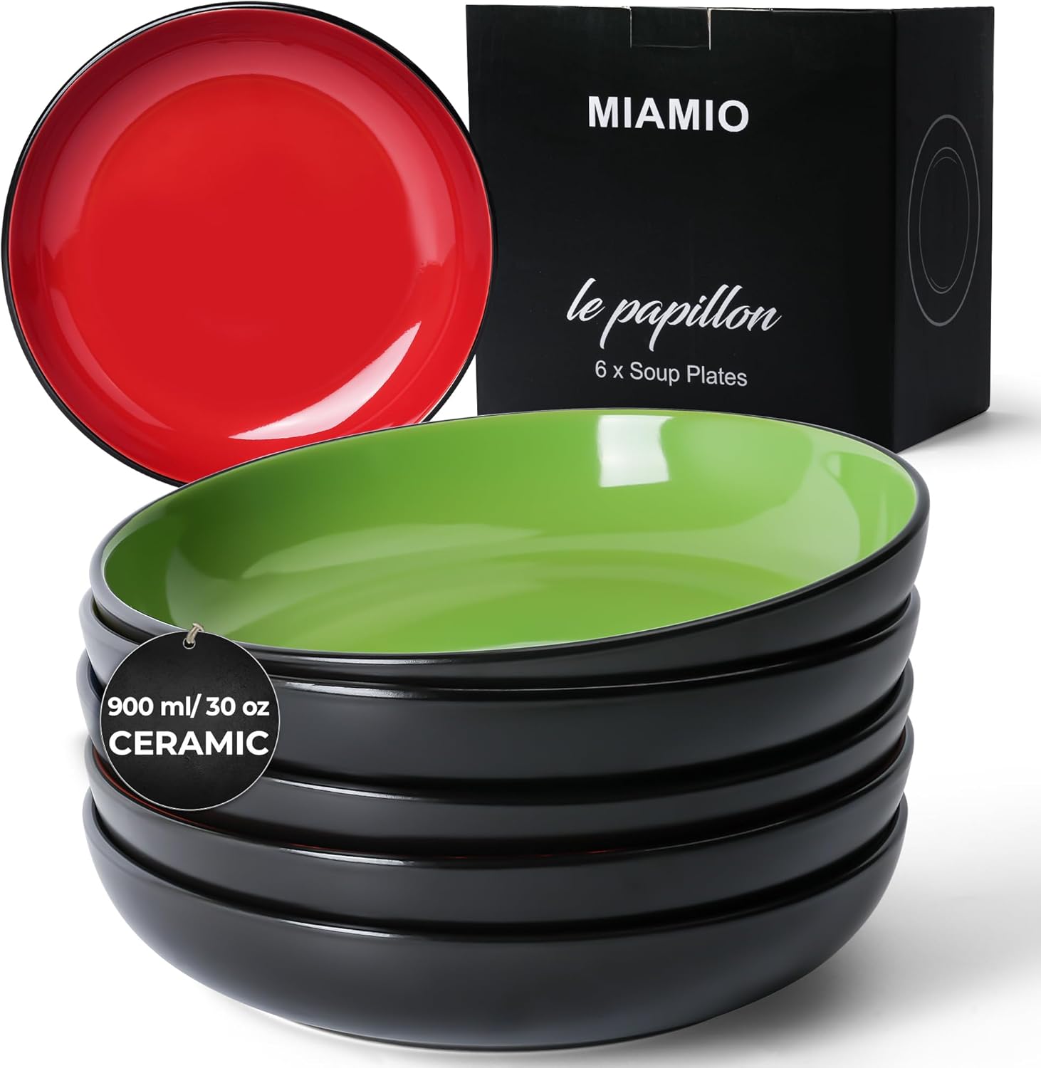 MIAMIO Juego de 6 cuencos para pastaensalada de 30 onzas  8.5 pulgadas, platos de pasta anchos y poco profundos, platos grandes de cerámica profunda