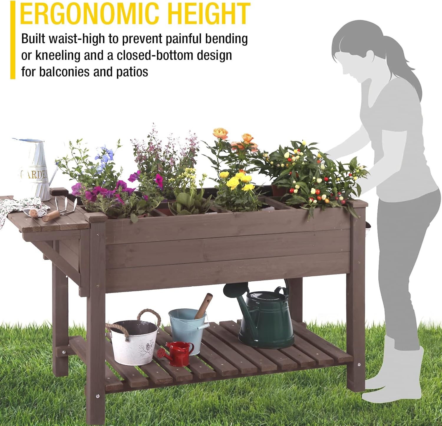 Aivituvin Cama de jardín elevada, maceta de madera elevada con soporte de patas para patio trasero, patio, balcón con forro de cama, para verduras,