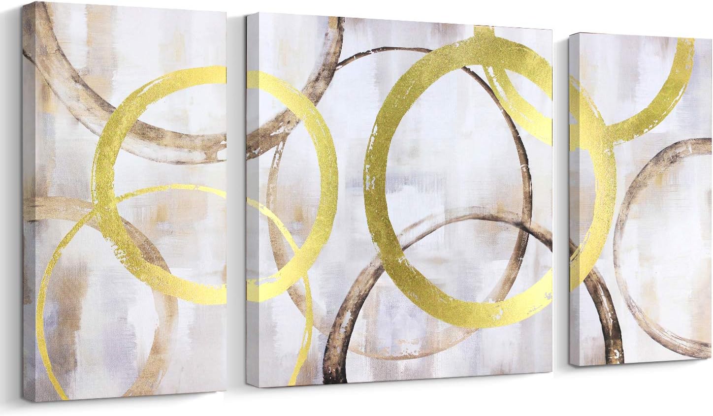Pi Art Arte abstracto contemporáneo para pared, lámina de oro, círculos entrelazados, grande, decoración de pared estirada en madera