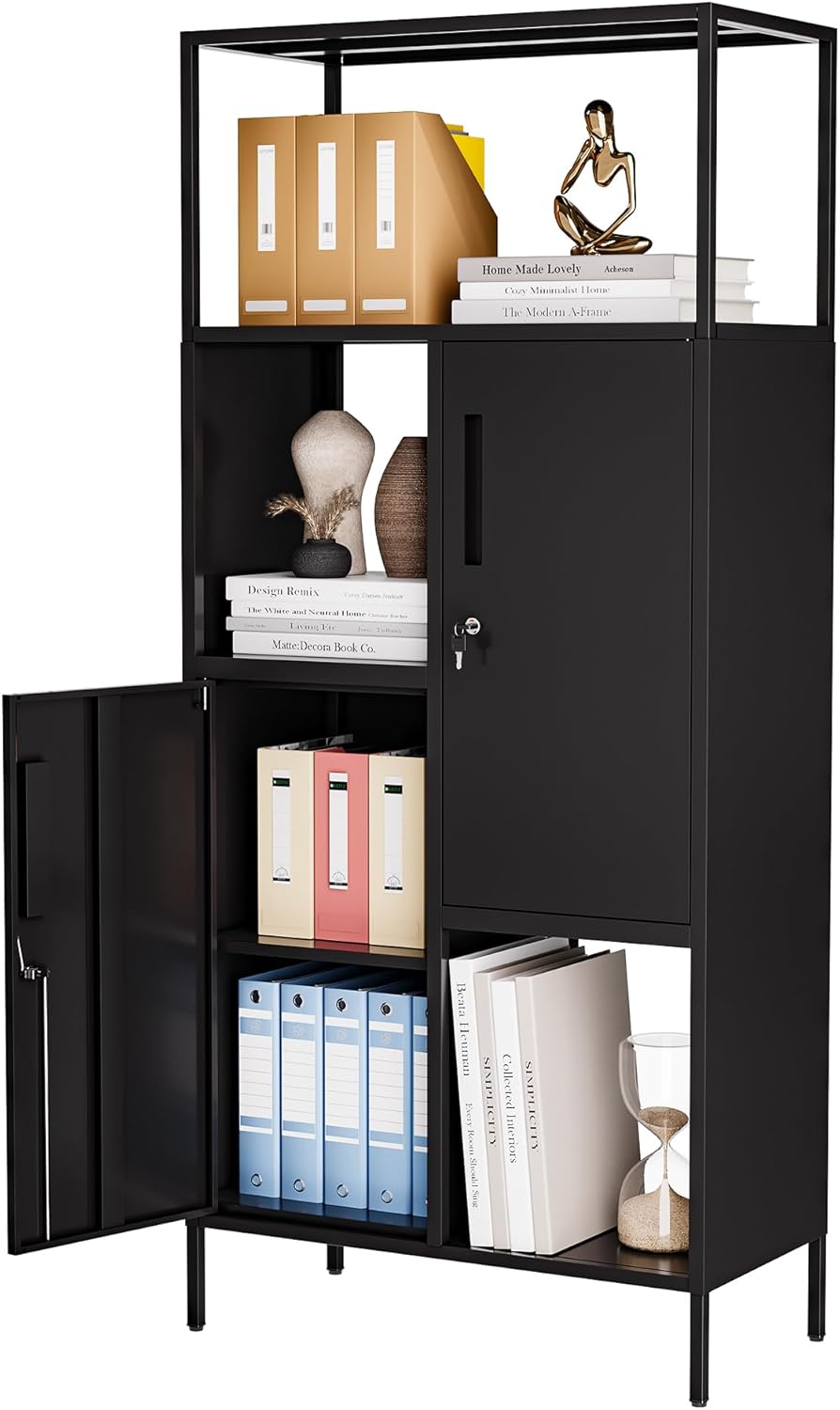 LISSIMO Gabinete de almacenamiento de metal con estante de almacenamiento abierto, estante de almacenamiento negro con puertas dobles, armario de