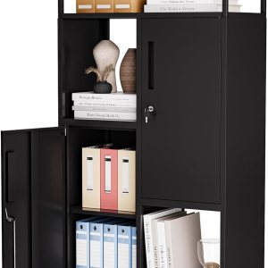 LISSIMO Gabinete de almacenamiento de metal con estante de almacenamiento abierto, estante de almacenamiento negro con puertas dobles, armario de LISSIMO Gabinete de almacenamiento de metal con estante de almacenamiento abierto, estante de almacenamiento negro con puertas dobles, armario de