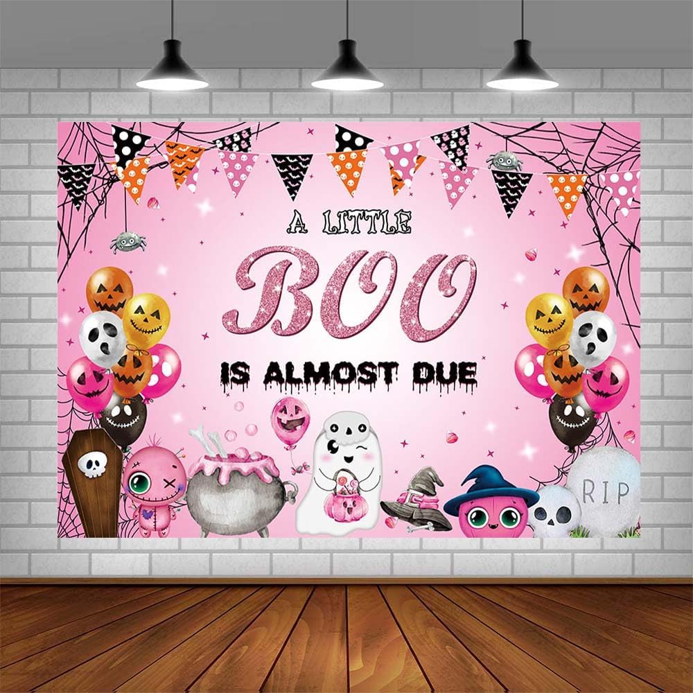 Telón de fondo de Halloween de 7 x 5 pies para baby shower, con texto en inglés “A Little Boo is Almost Due Baby Shower Decoraciones” de color rosa