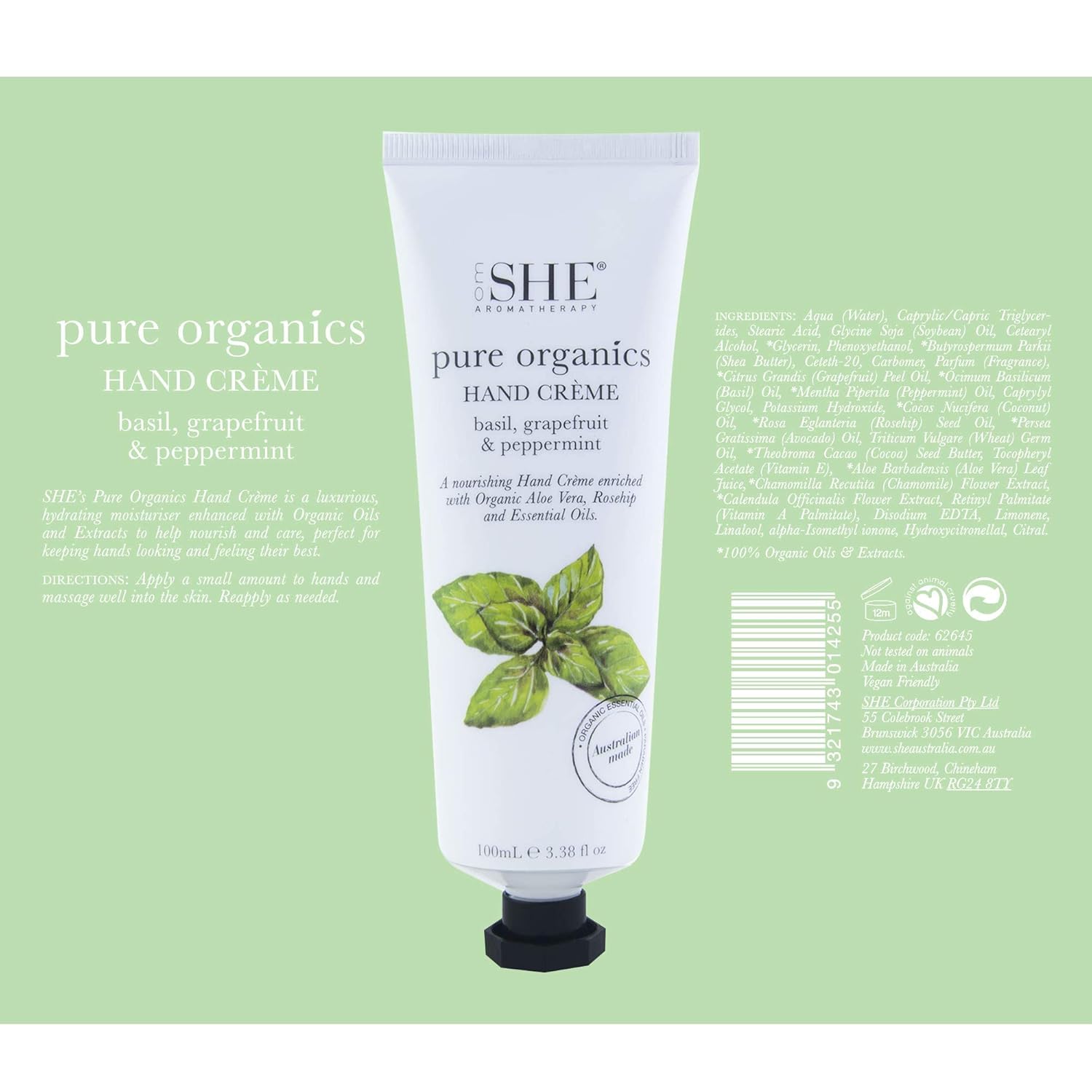 Om She Aromatherapy Pure Organics – Crema de manos – Albahaca, pomelo y menta