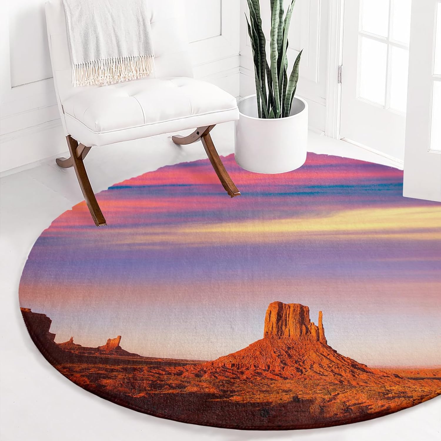 Round Rug 3Ft, Desert Dreamy Sunset Sundown Sky Natural Sand Building Landscape Soft Round Area Rug Machine Washable Non-Slip Circle Rug Carpet