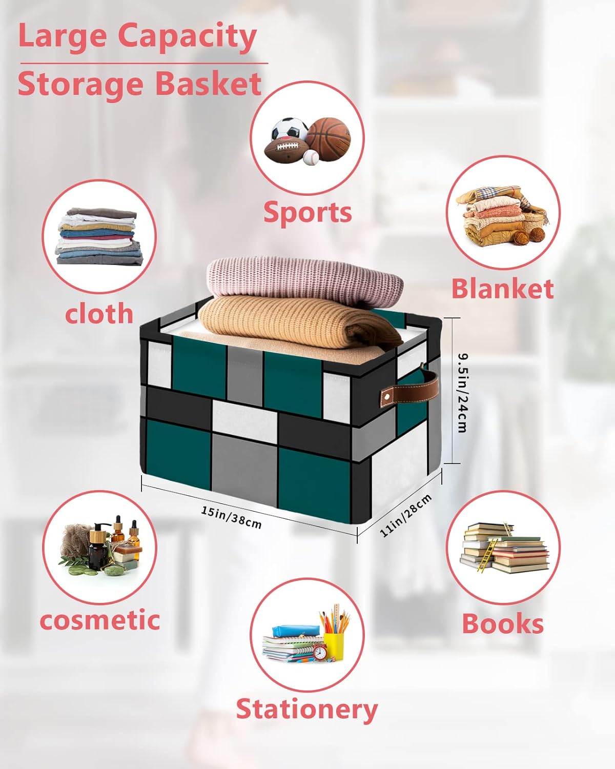 Cesta de almacenamiento geométrica gris turquesa para organizar estantes, cajas de almacenamiento plegables con asa, cesta de lona moderna blanca