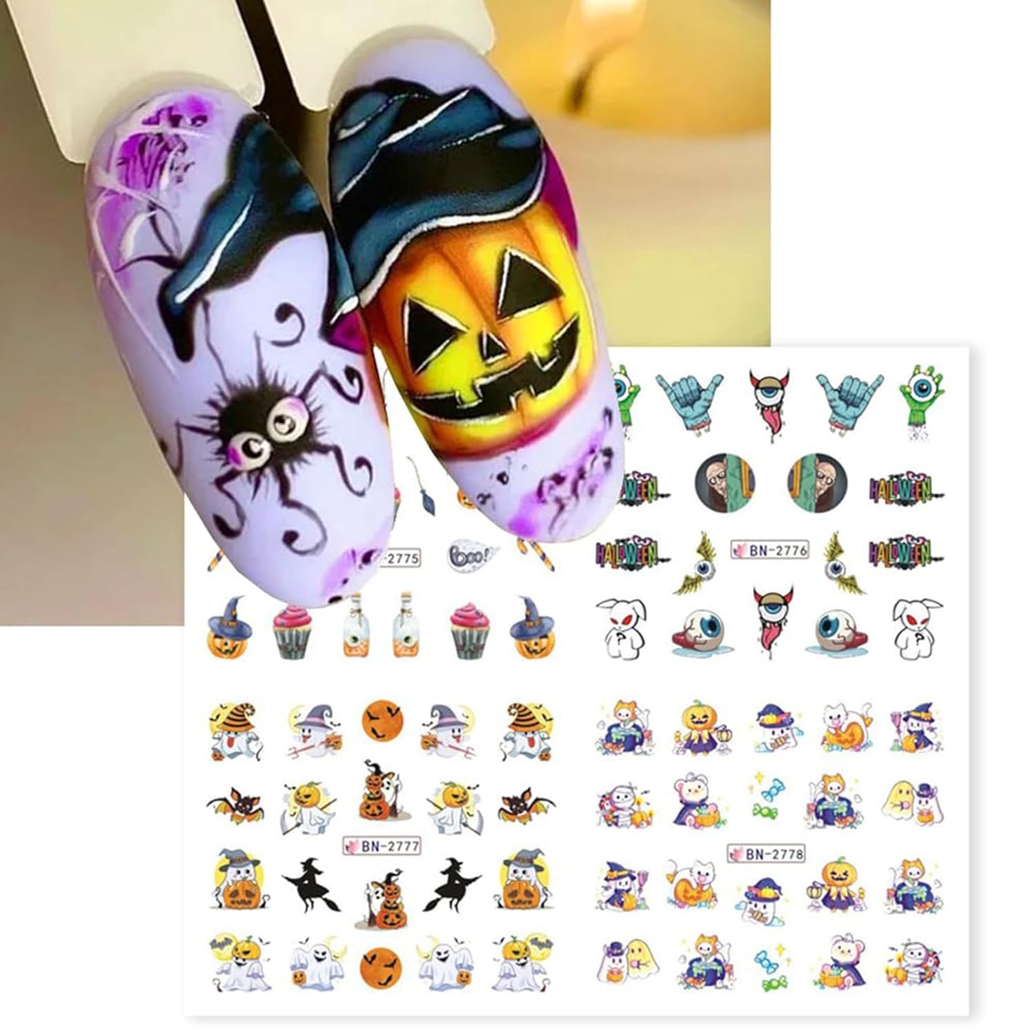 Calcomanías de arte de uñas de Halloween, 12 hojas de calcomanías de transferencia de agua para Halloween, calabaza, fantasma, araña, bruja,