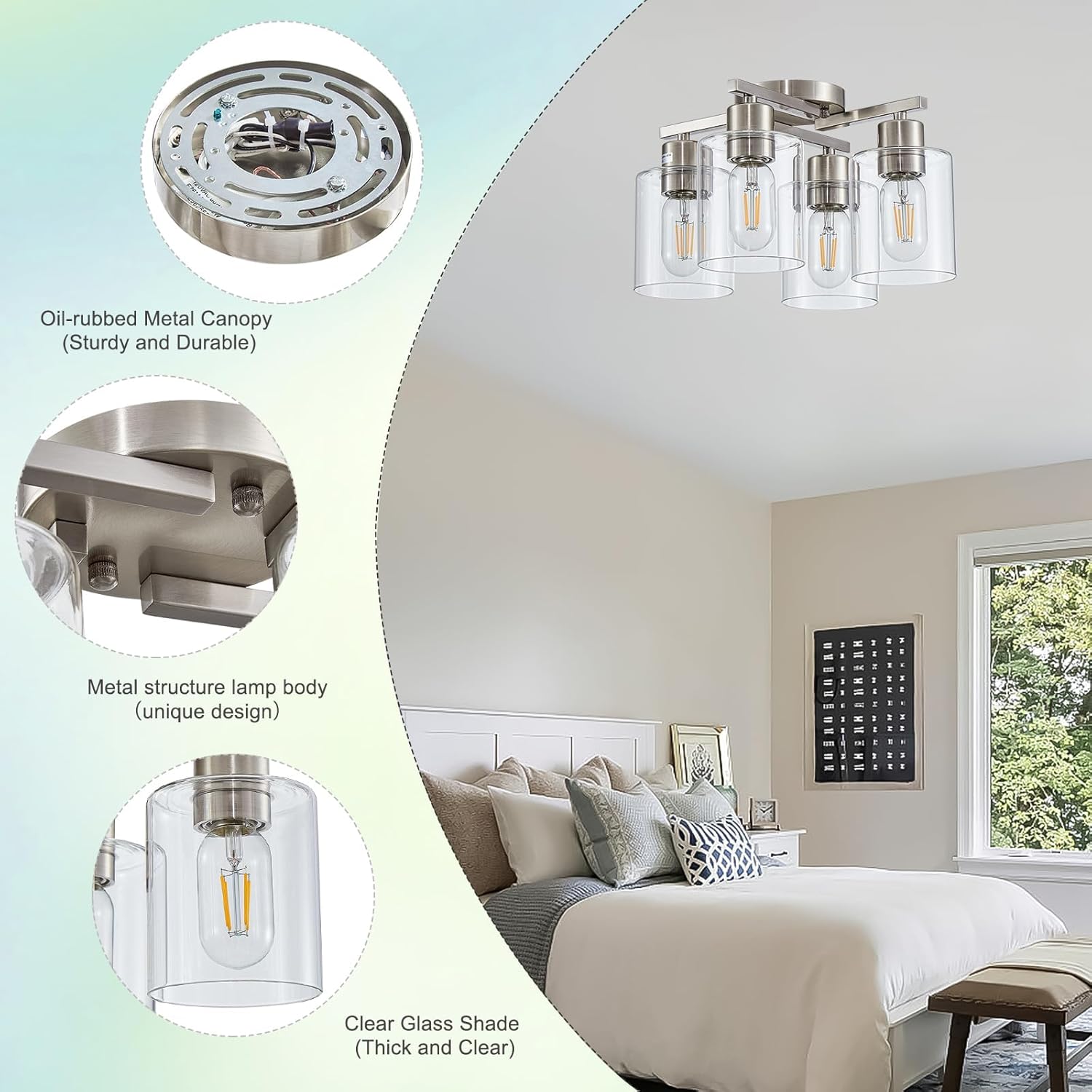 4 luces de techo semiempotradas, modernas lámparas de techo de níquel cepillado, accesorios de iluminación de techo con pantalla de vidrio
