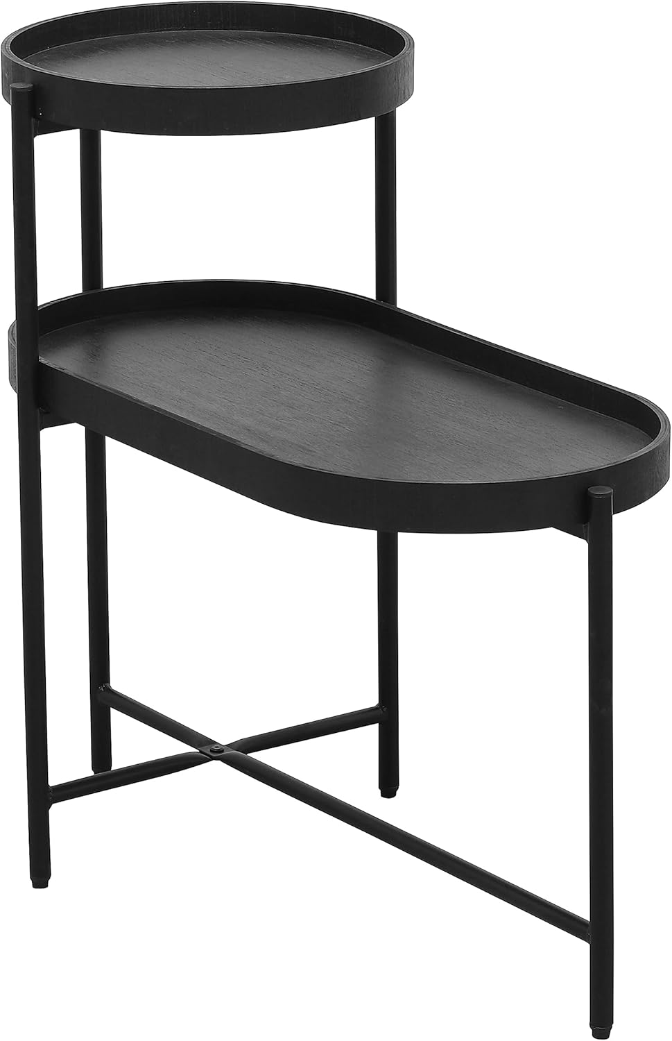 Mesa auxiliar moderna con bandeja redonda, mesa auxiliar de sofá de 2 niveles, mesa auxiliar de metal con estante de almacenamiento para sala de