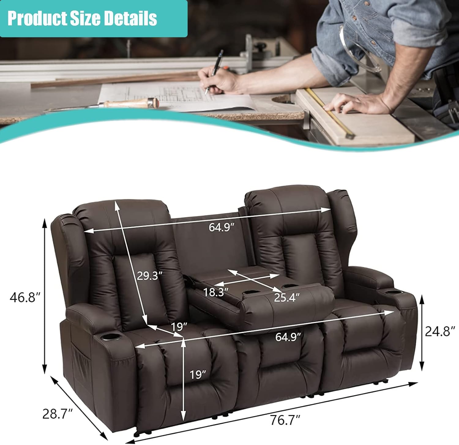 SAMERY Sofá reclinable de 76.7 pulgadas, sofá biplaza reclinable doble con consola, asiento reclinable manual de cine en casa, juego de sofá de 23