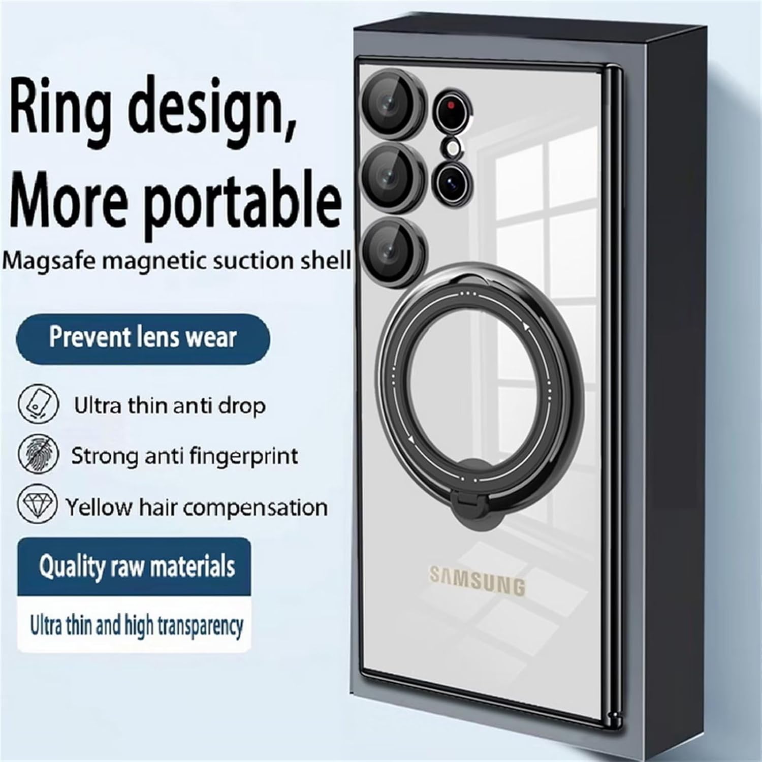 Compatible con fundas magnéticas transparentes para Samsung A32 4G, compatible con soporte de anillo MagSafe, soporte plegable invisible, protección