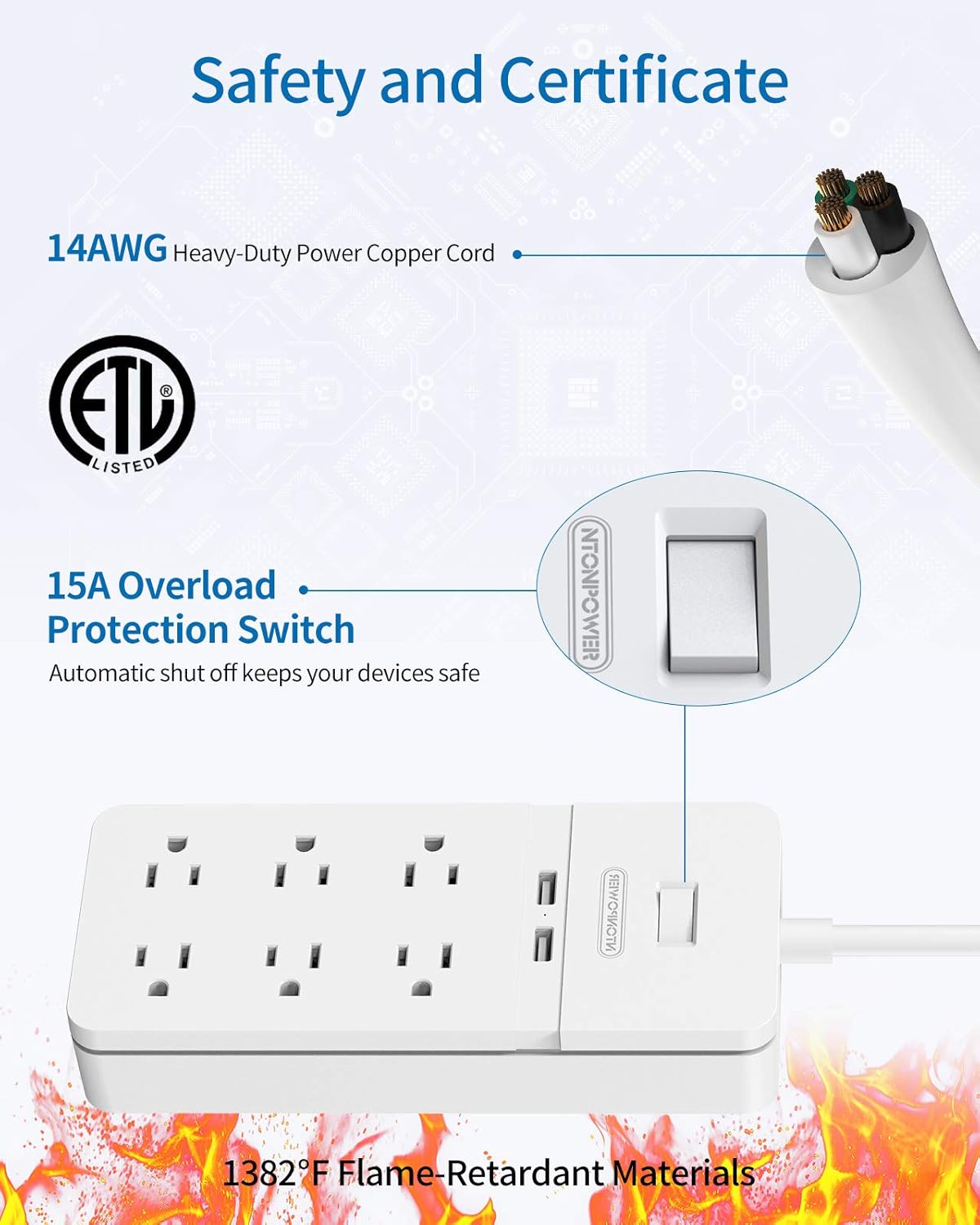 Regleta de alimentación de 2 clavijas con cable de extensión de 10 pies, protector de sobretensiones de enchufe plano NTONPOWER con 6 tomas, 2