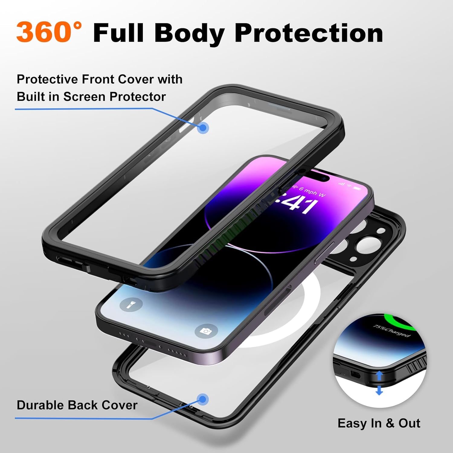 Beasyjoy Funda impermeable para iPhone 14 Pro Max con Magsafe, funda magnética resistente con protector de pantalla integrado, 360 grados de
