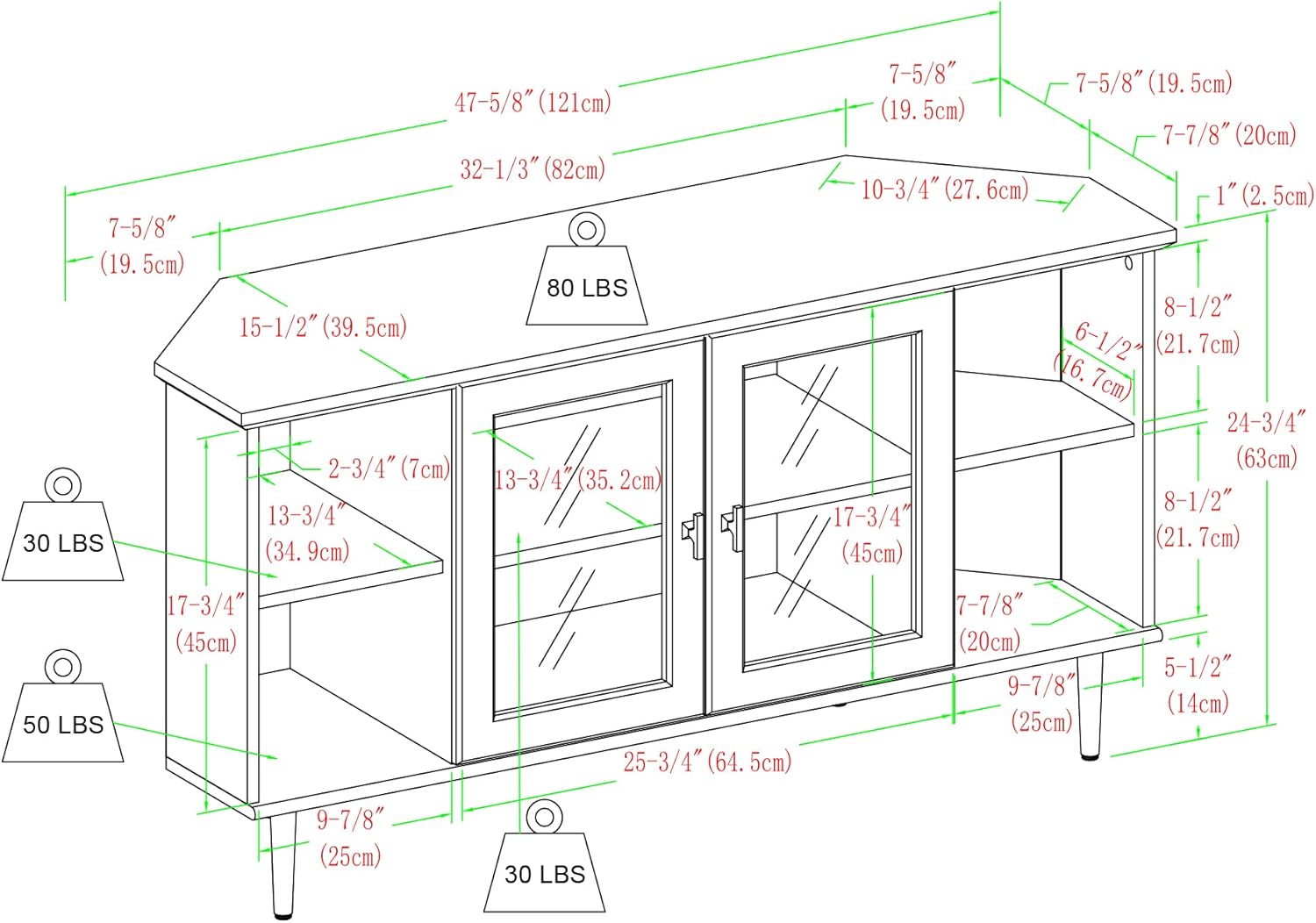 Walker Edison Moderno soporte universal de esquina de madera para TV con estantes abiertos, puertas de gabinete de vidrio, almacenamiento para