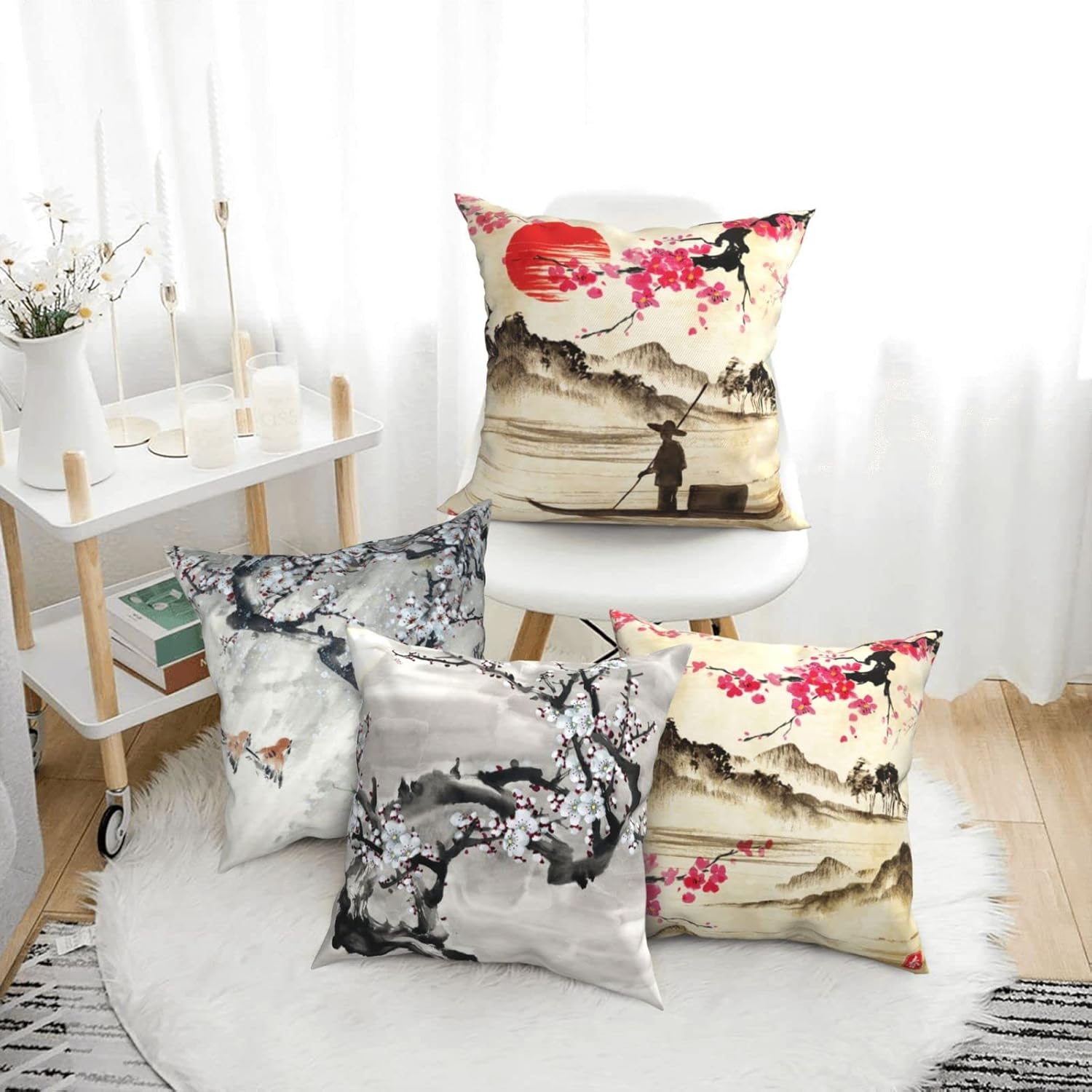 Juego de 4 fundas de almohada vintage japonesas de flor de ciruelo de 12 x 12 pulgadas, retro, tradicional, acuarela, primavera, cerezo, flores,