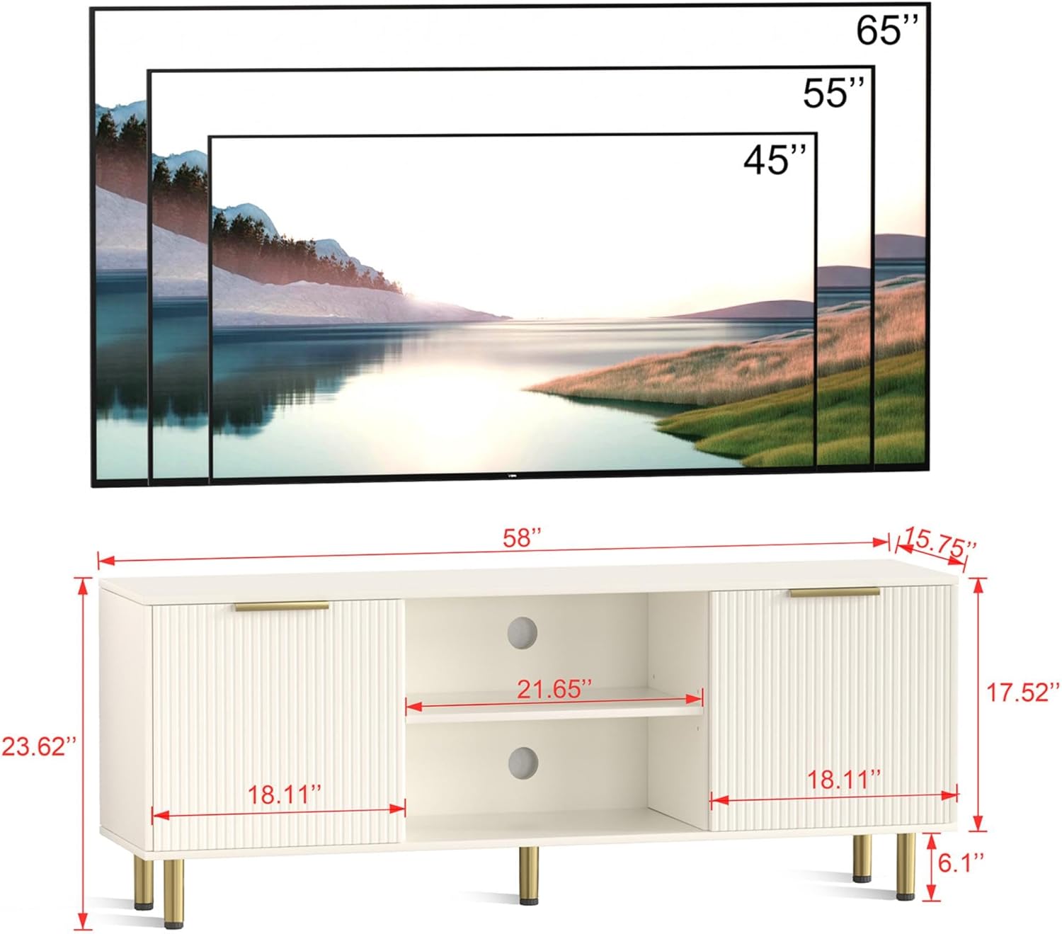 Soporte de TV para TV de más de 65 pulgadas, consola de TV moderna para sala de estar, dormitorio, centro de entretenimiento de madera con armarios