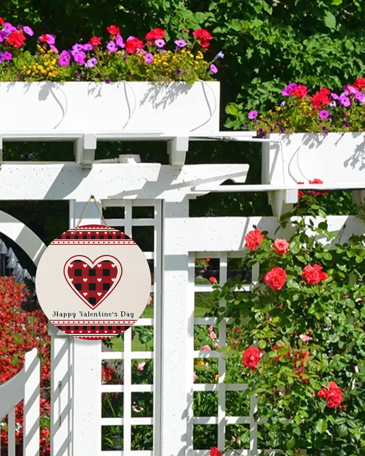 Welcome Sign for Front Door Decoration, Happy Valentine’s Day Red Black Buffalo Plaid 10 Inch Wreaths Hanging Sign Plaque Holiday Decor for Porch