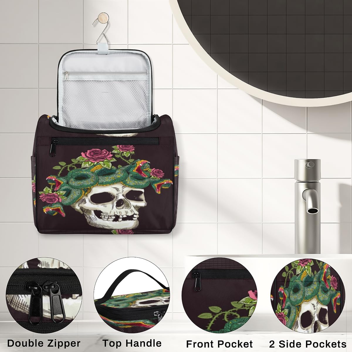 Neceser de Halloween con diseño de calaveras de azúcar para mujer, organizador de maquillaje de viaje con gancho para colgar, bolsas de cosméticos
