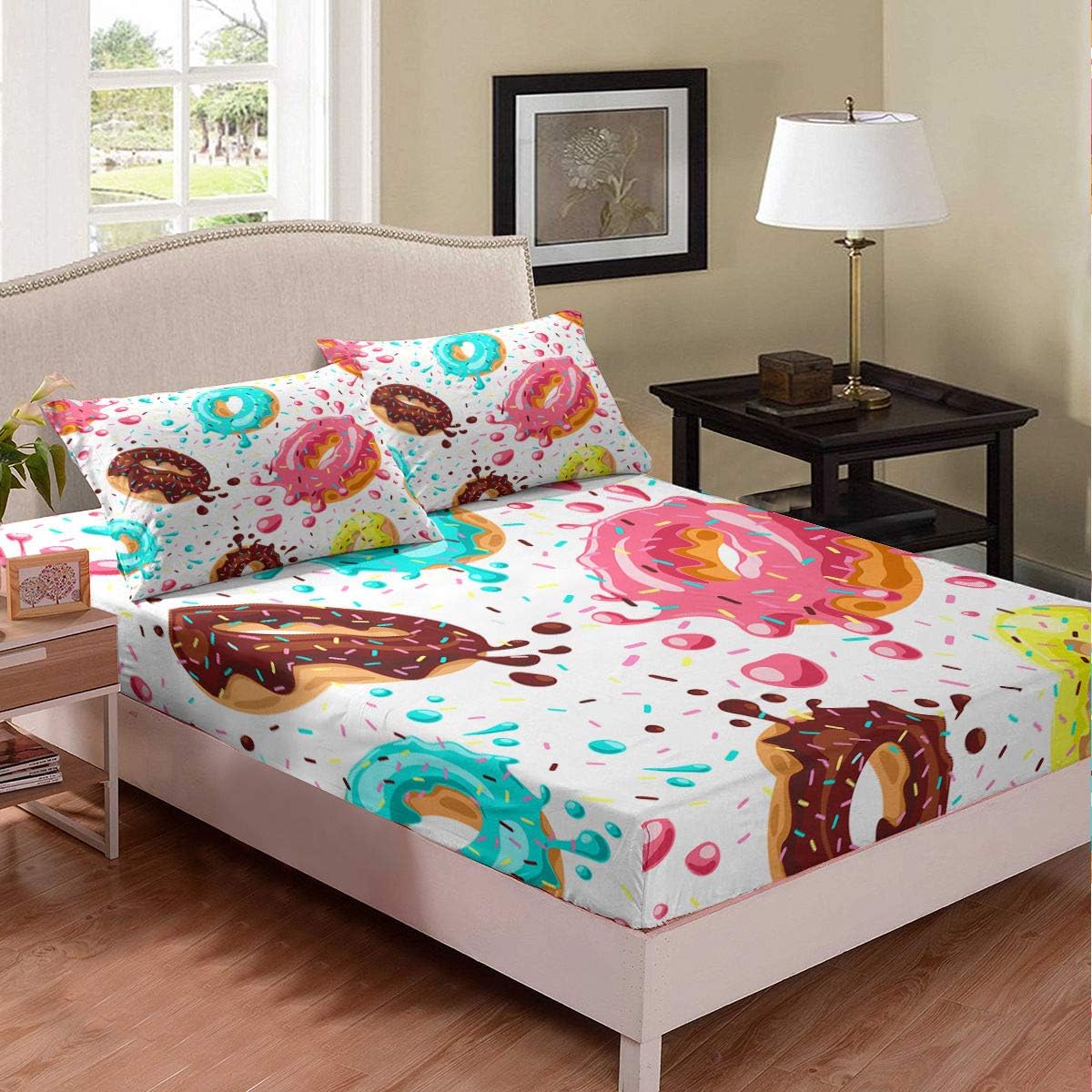 Erosebridal Juego de ropa de cama de donas para niños y niñas, funda de cama de postre rosa chocolate, sábana bajera ajustable tamaño matrimonial