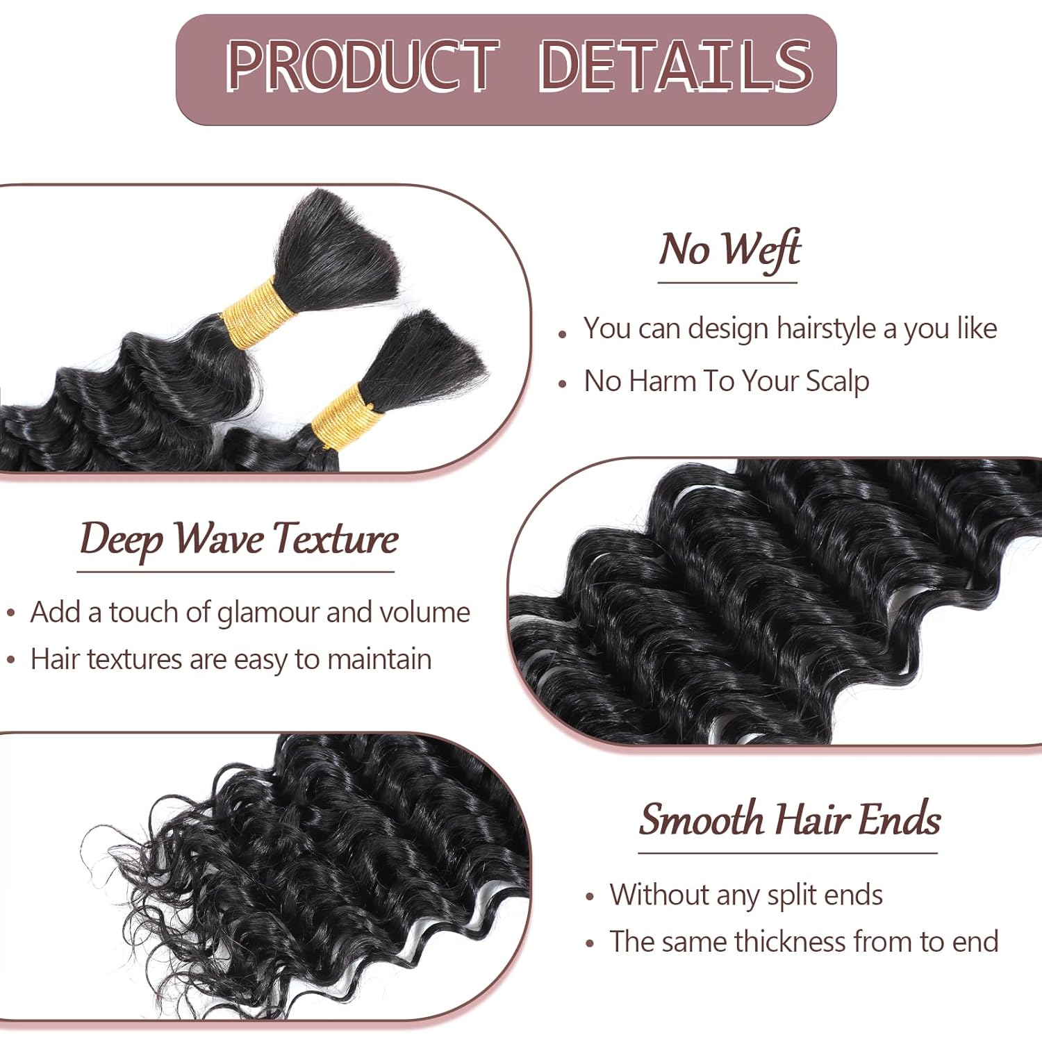 Cabello humano a granel para trenzar cabello humano ondulado profundo para trenzas bohemias, cabello rizado, sin trama, 2 trenzas por paquete, 3.53