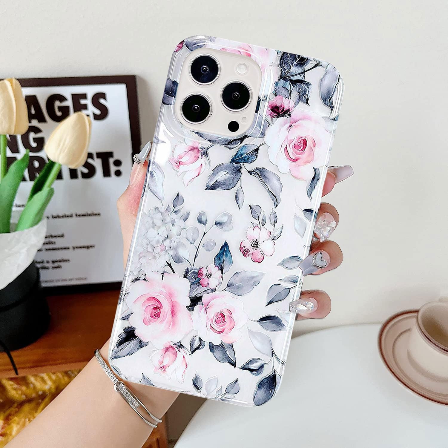 J.west Funda para iPhone 13 Pro Max 6.7, suave a prueba de golpes, linda funda protectora de teléfono floral rosa para mujer, diseño retro