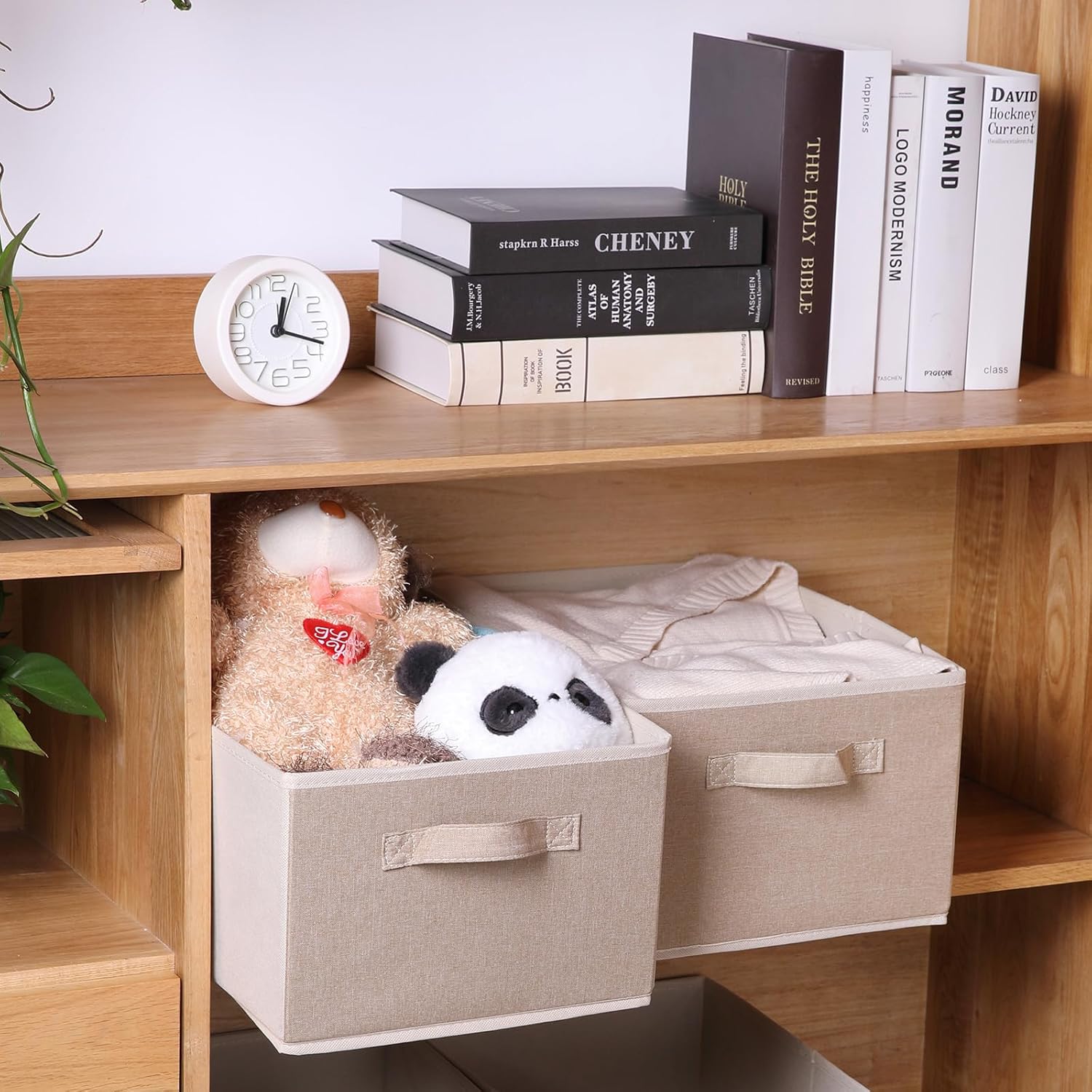 BOMKEE Contenedores plegables de sorage, cestas de almacenamiento plegables de tela con asas, para el hogar y la oficina (juego de 4, beige, 15.4 x