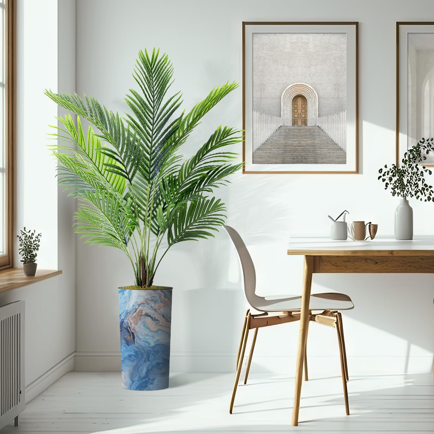 Árbol artificial en macetero con efecto de granito moderno, palmera tropical areca artificial de seda para decoración del hogar en interiores y