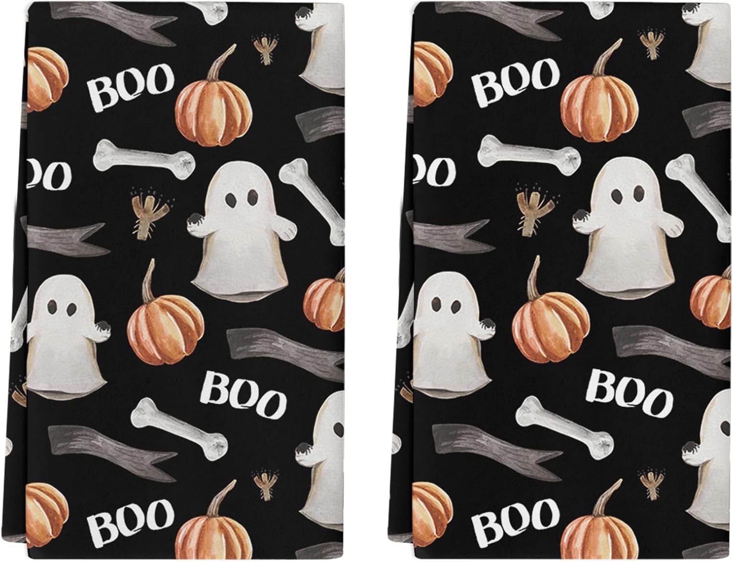 Paquete de 2 toallas de cocina y paños de cocina, diseño de rama de hueso de fantasma de Halloween, calabaza, negro, 18 x 28 pulgadas, toallas de