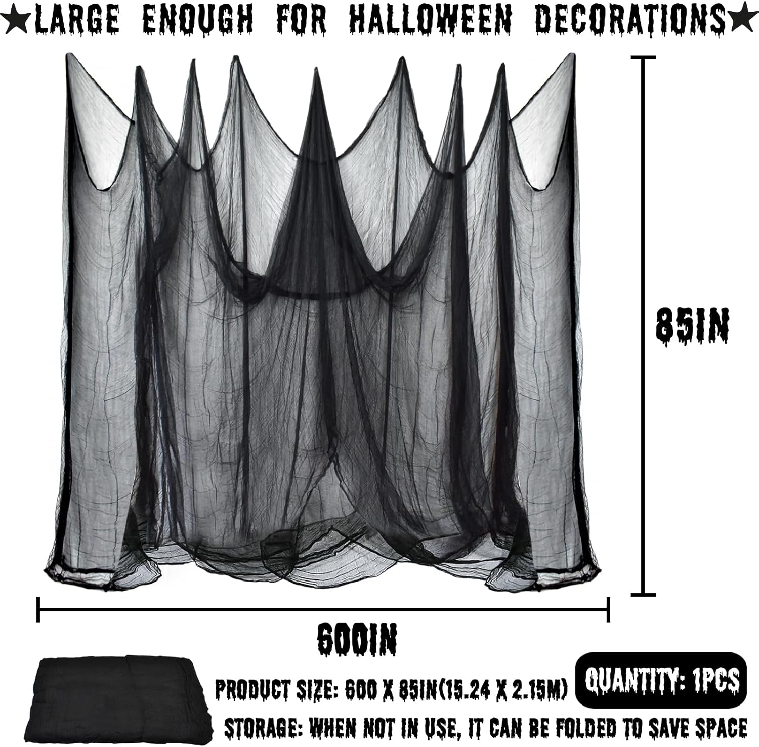ZeeDix Tela espeluznante negra de Halloween de 85 x 600 pulgadas, tela gigante de Halloween para decoración del hogar, tela de gasa espeluznante