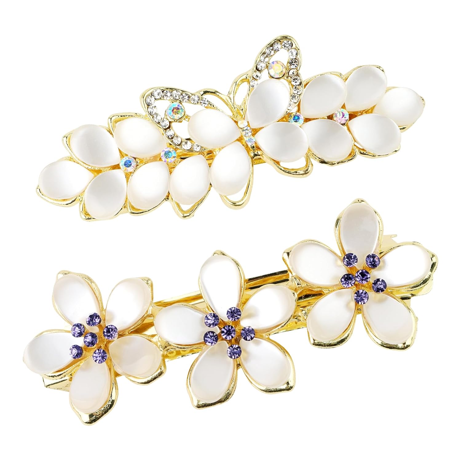 WHAVEL 2 pasadores dorados para el cabello para mujer, pinzas de pelo elegantes con diamantes de imitación, pinzas de flores y mariposas, pinzas