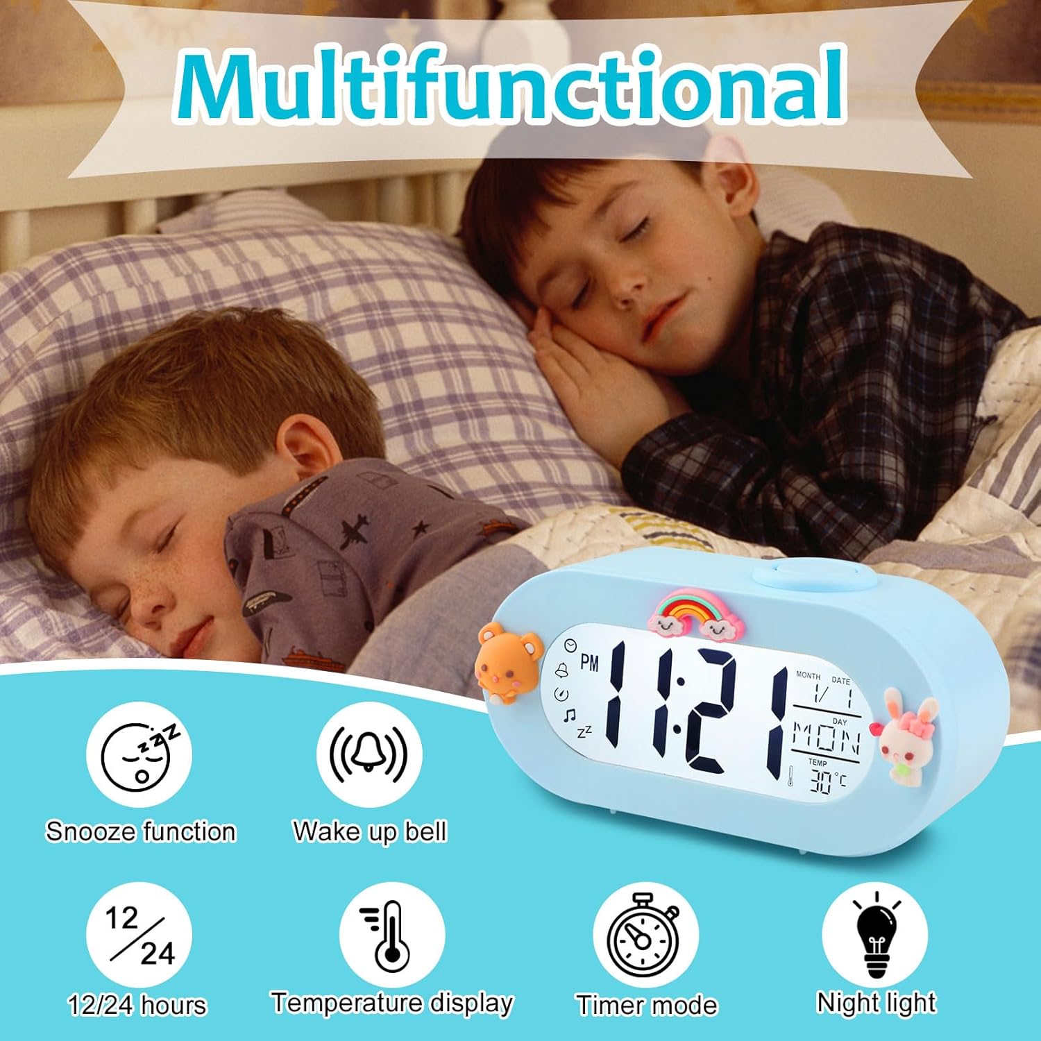 Potuopy Reloj despertador para niños, despertador digital con repetición, lámpara sónica, temporizador, 8 tonos de llamada, 1224 horas, reloj